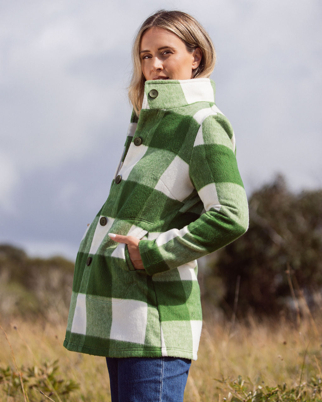 See Saw Plaid Funnel Neck Coat - Khaki/Cream