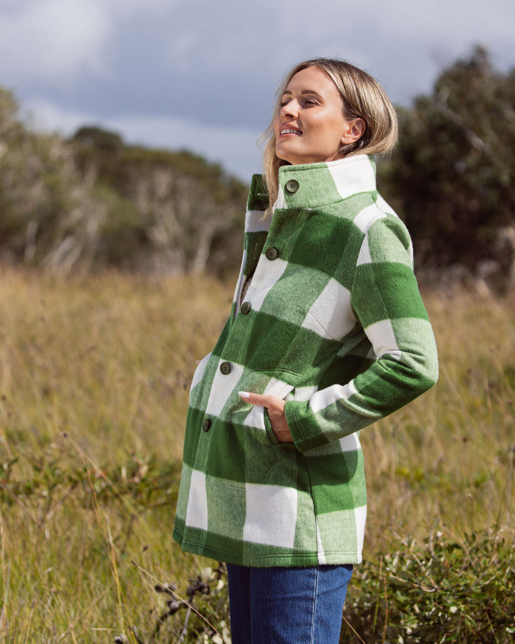 See Saw Plaid Funnel Neck Coat - Khaki/Cream