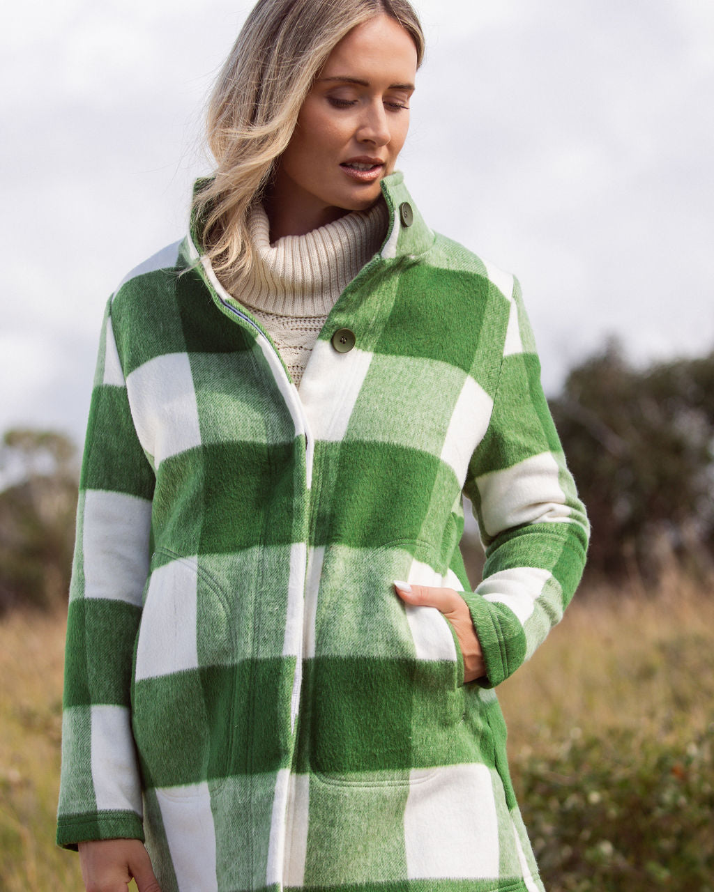 See Saw Plaid Funnel Neck Coat - Khaki/Cream