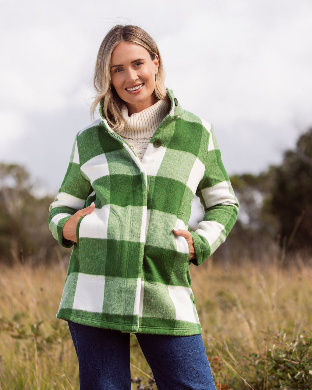 See Saw Plaid Funnel Neck Coat - Khaki/Cream
