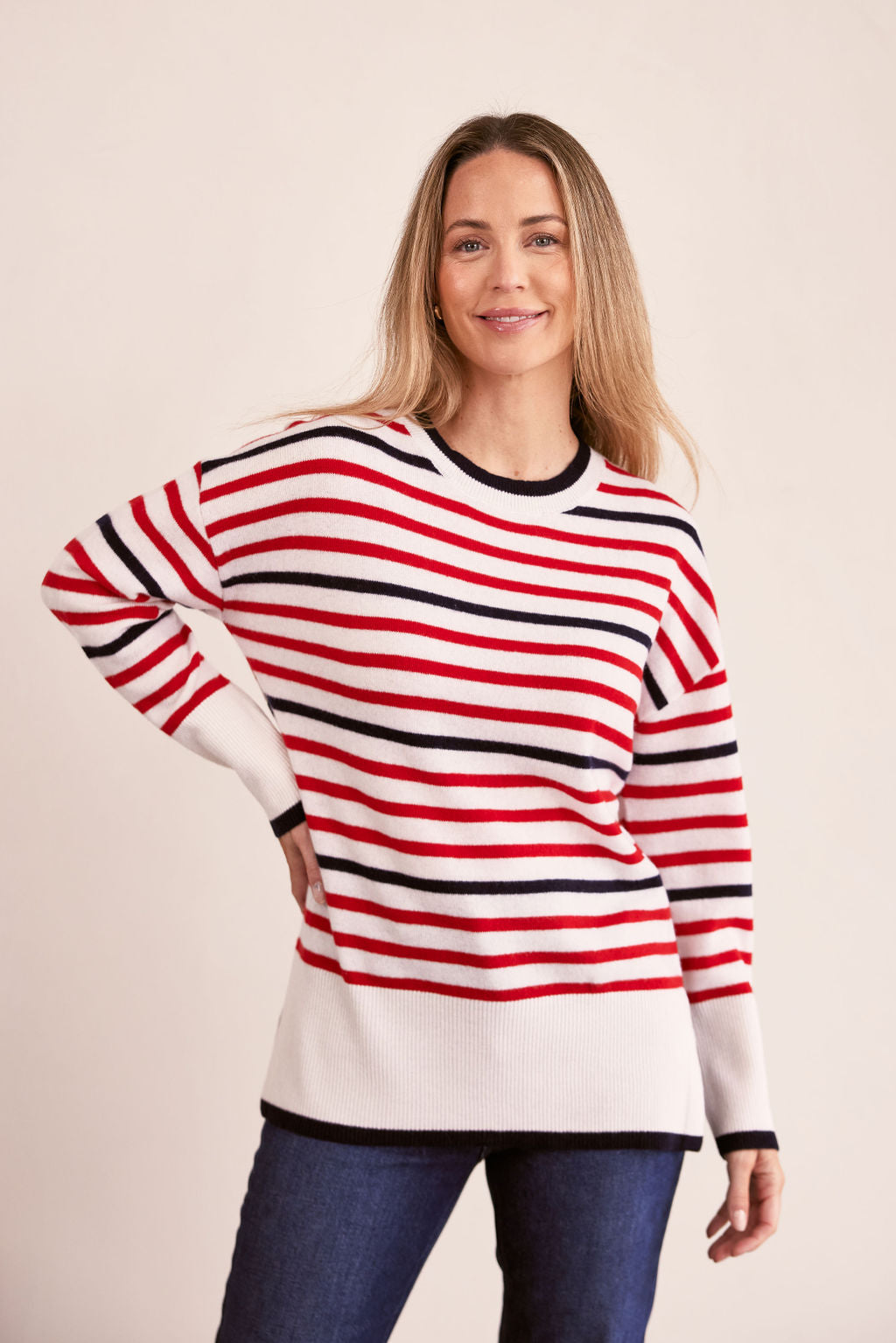 See Saw Crew Neck Stripe Sweater - Cream/Red/Navy