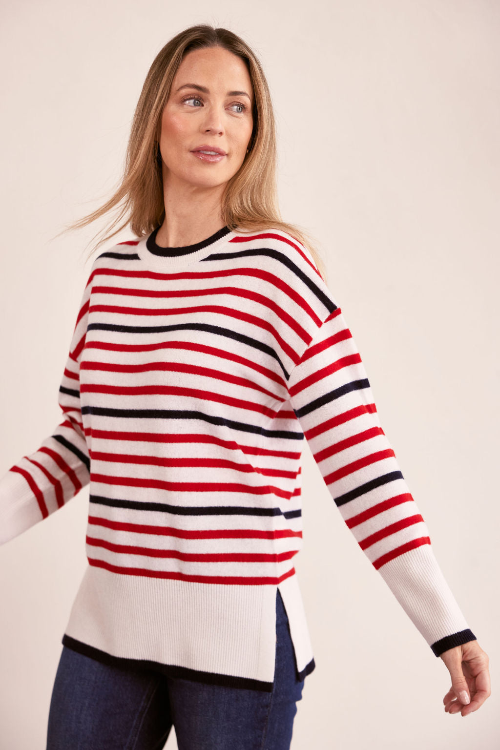 See Saw Crew Neck Stripe Sweater - Cream/Red/Navy