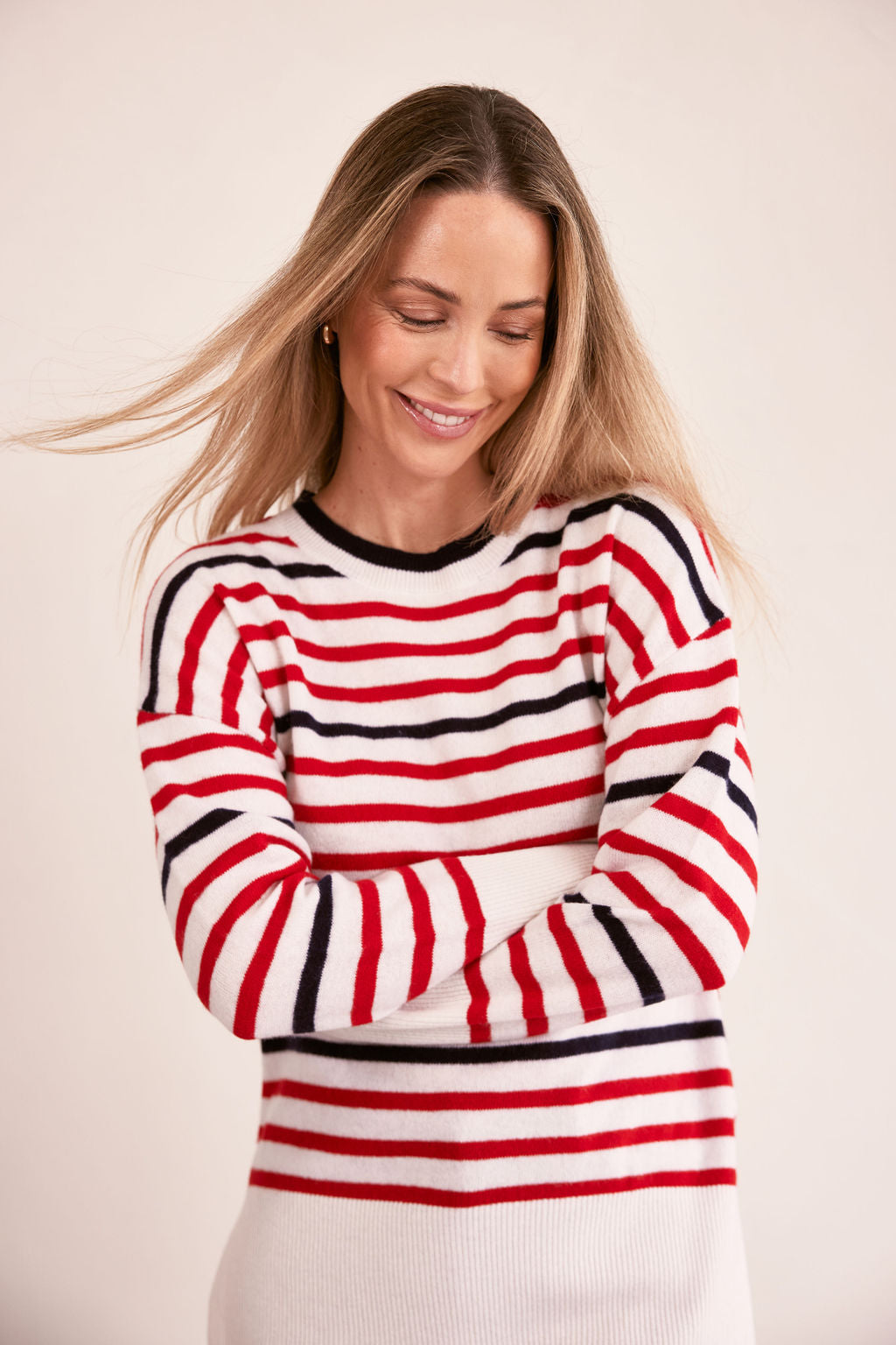See Saw Crew Neck Stripe Sweater - Cream/Red/Navy