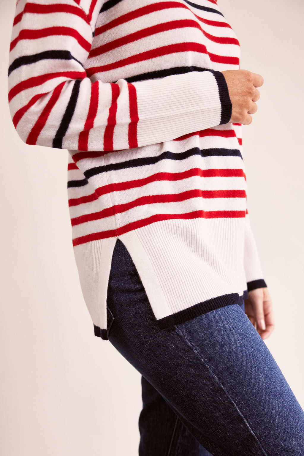 See Saw Crew Neck Stripe Sweater - Cream/Red/Navy