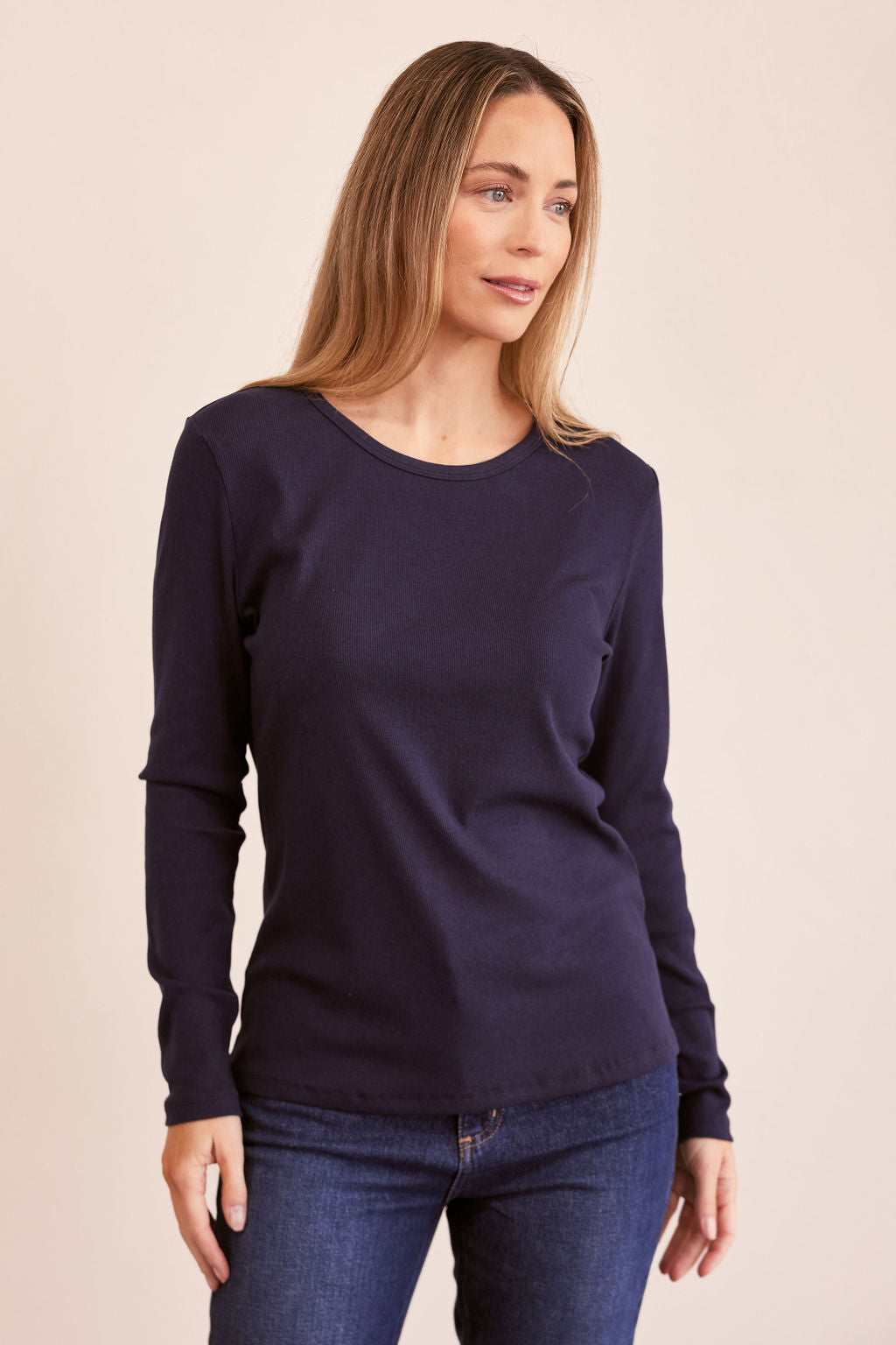 See Saw Long Sleeve Ribbed Top - Navy