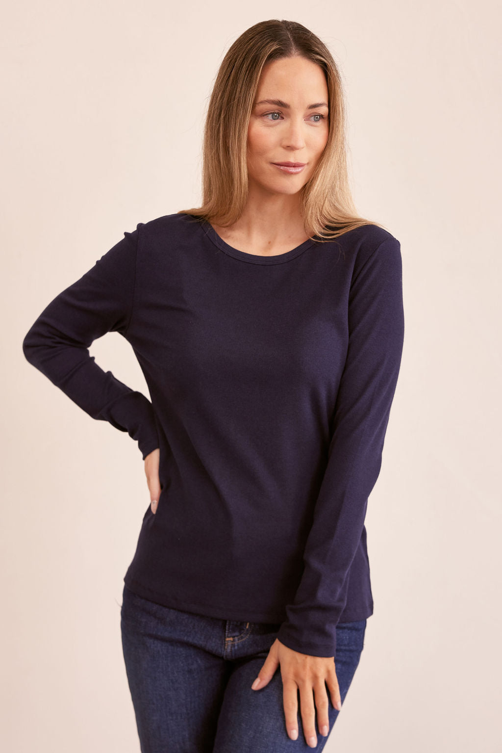 See Saw Long Sleeve Ribbed Top - Navy
