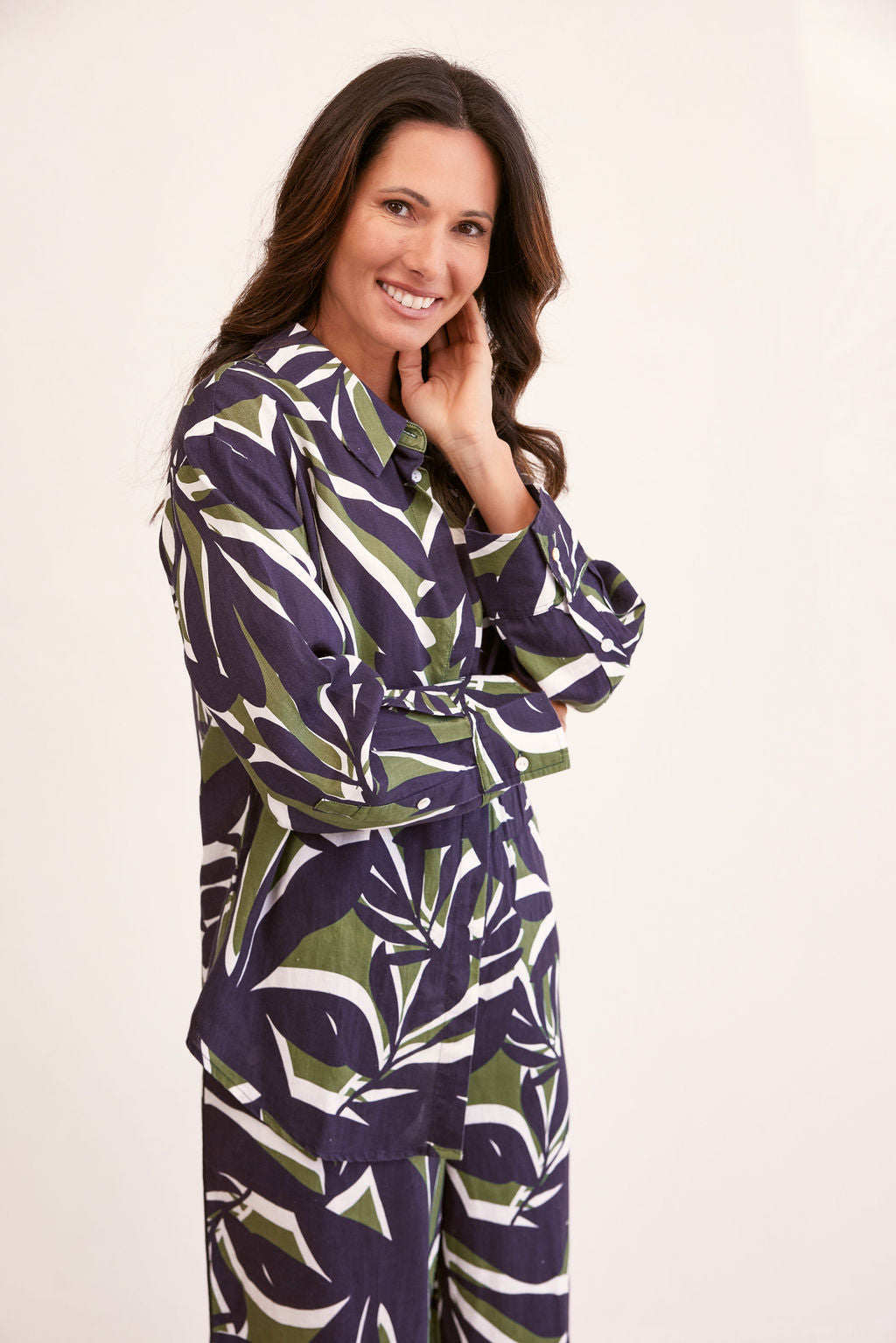 See Saw Long Shirt - Navy/Khaki Leaf Print