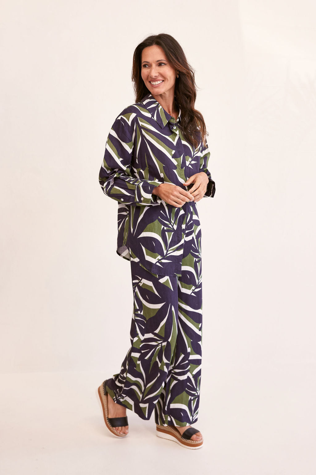 See Saw Long Shirt - Navy/Khaki Leaf Print
