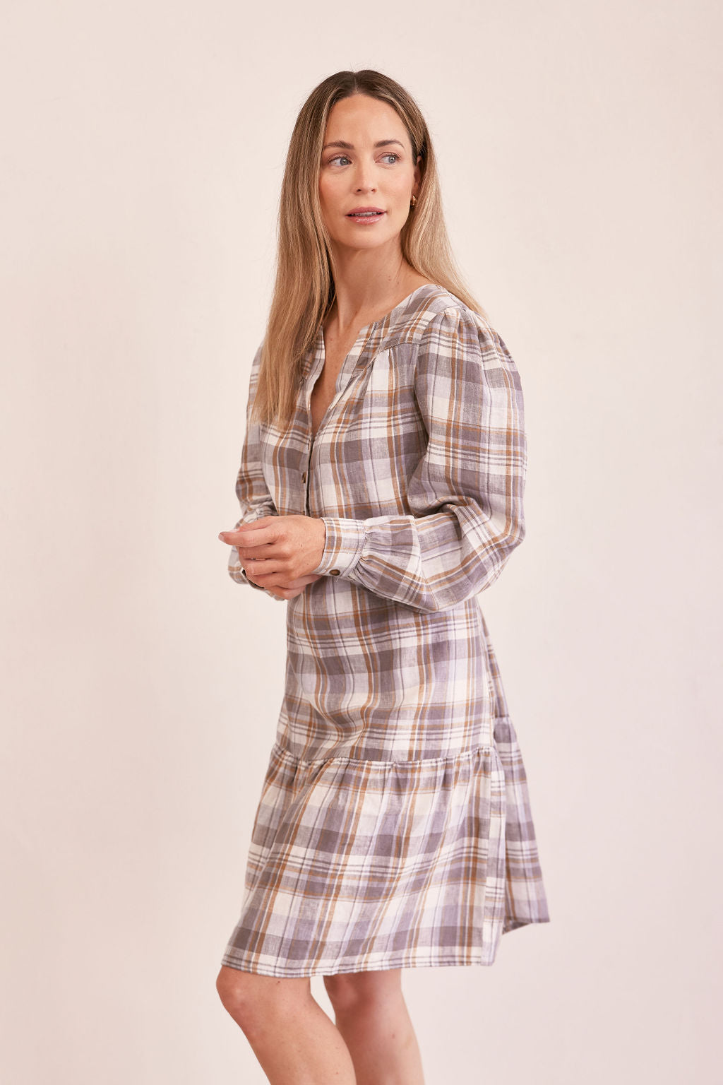 See Saw Plaid Long Sleeve Ruffle Trim Dress - Silver/Cream/Mustard
