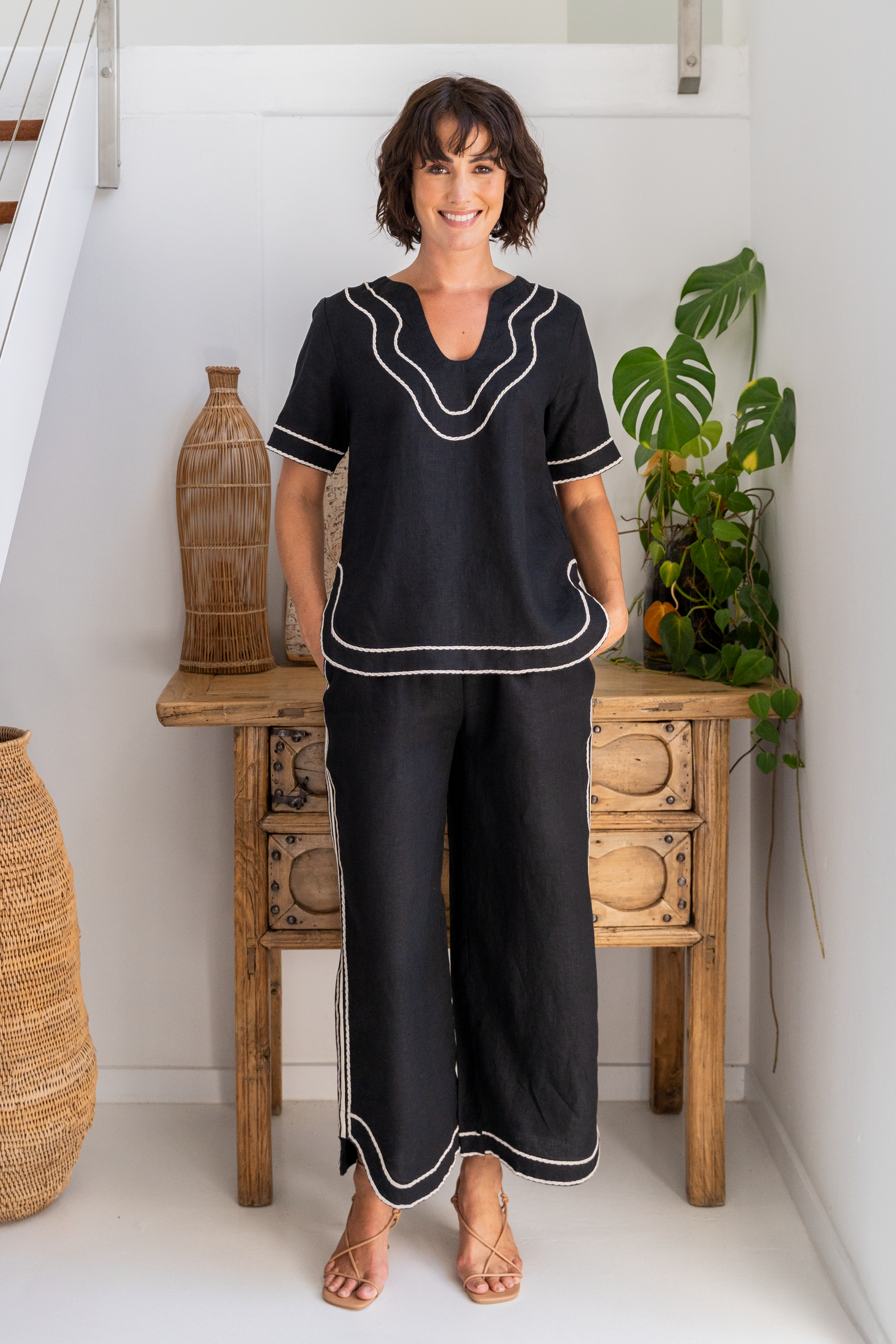 See Saw Embroidery Trim Scoop Neck Top - Black/Natural