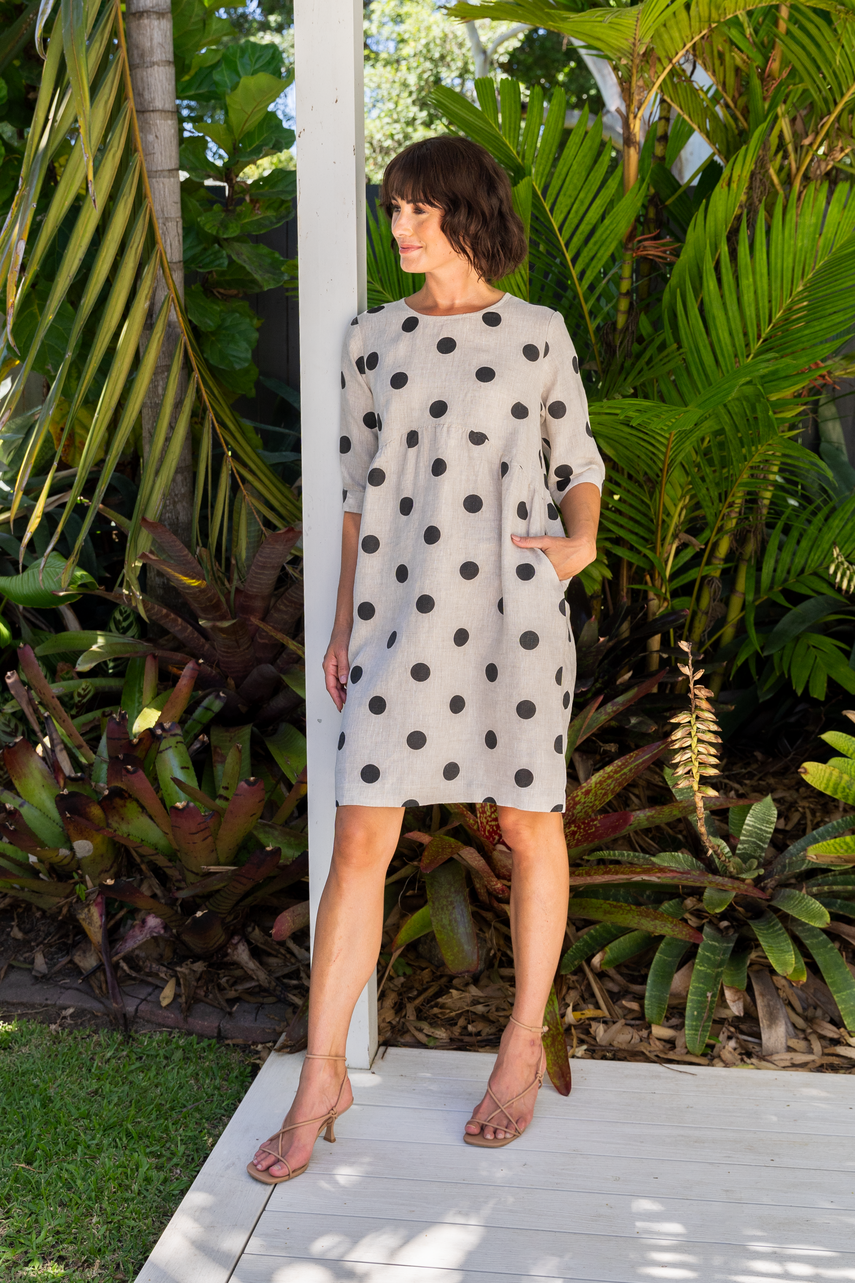 See Saw Spot 3/4 Sleeve Button Back Dress - Black/Flax