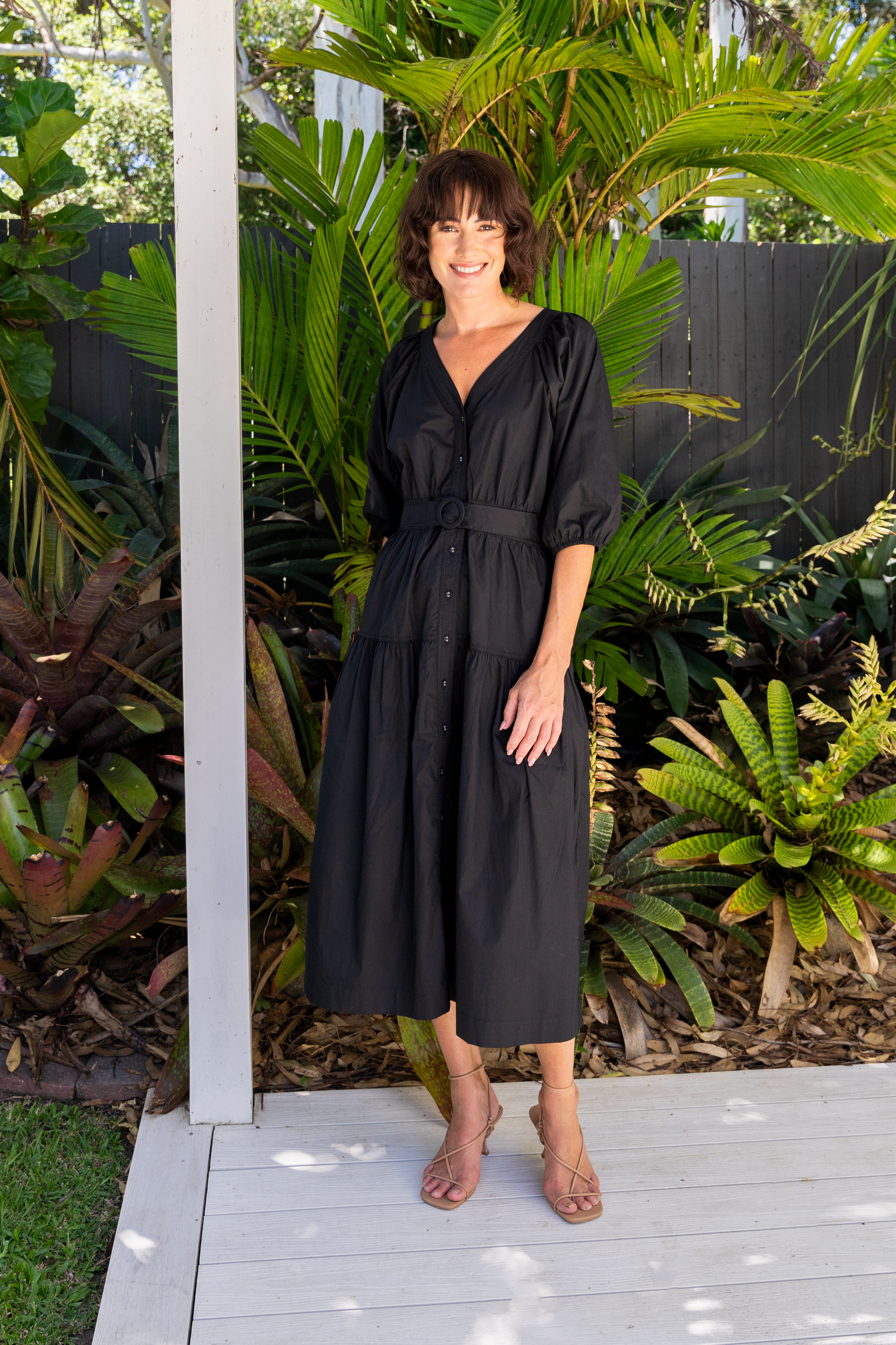 See Saw Short Sleeve Tiered Belted Dress - Black