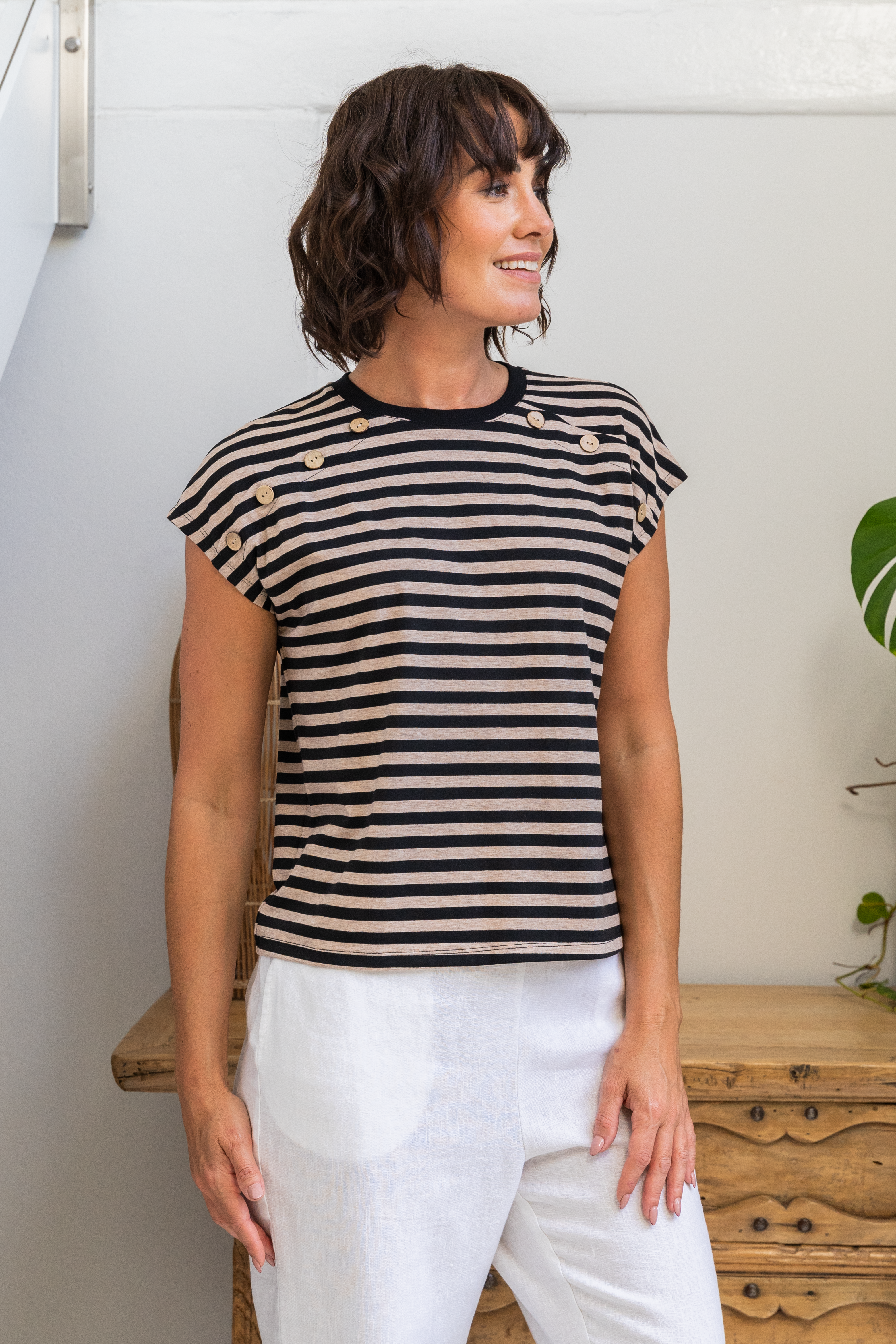 See Saw Button Detail Cap Sleeve Top - Black/Natural Stripe