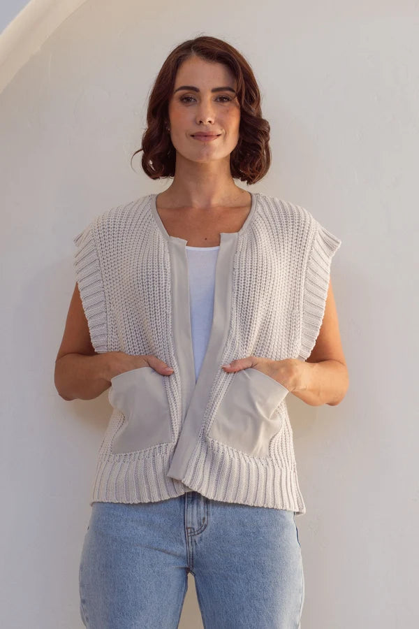 See Saw Woven Trim Knit Vest - Stone