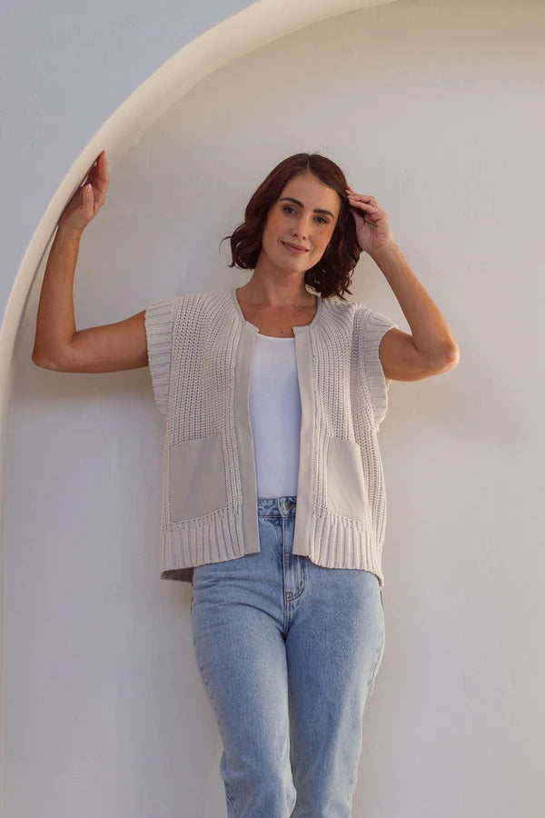 See Saw Woven Trim Knit Vest - Stone