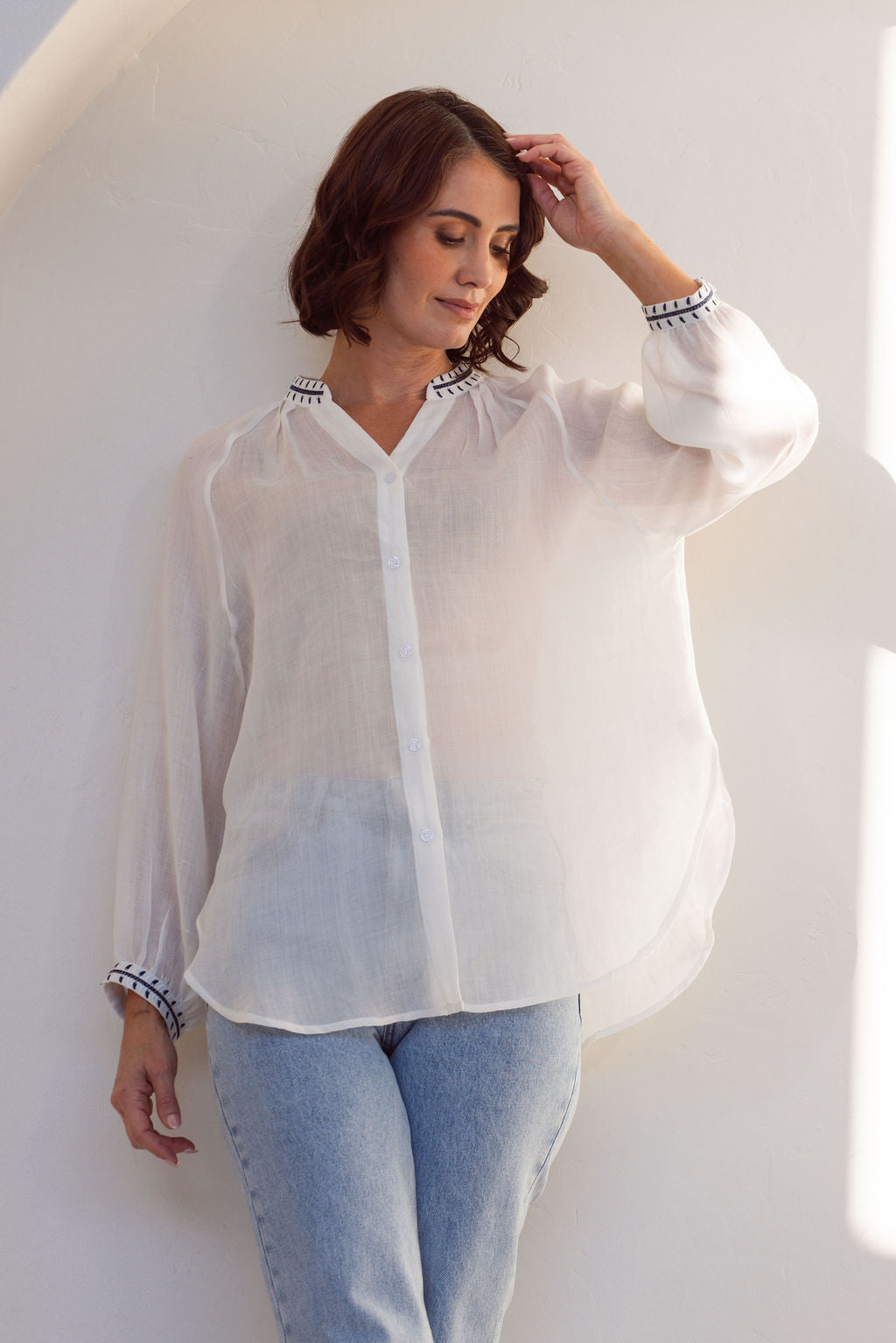 See Saw 3/4 Sleeve Embroidery Detail Shirt - White