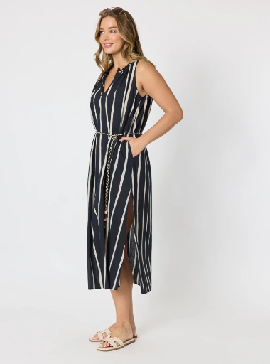 Threadz Sunset Safari Sleeveless Stripe Print Dress - Black/Ivory