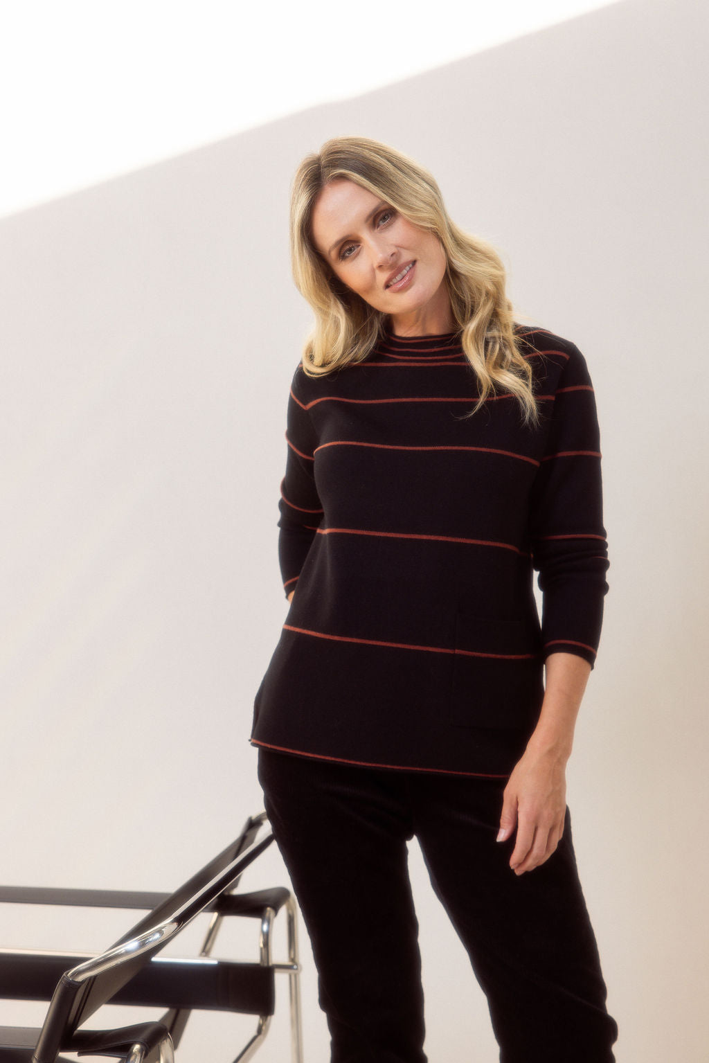See Saw Stripe 1 Pocket Sweater - Black/Nutmeg