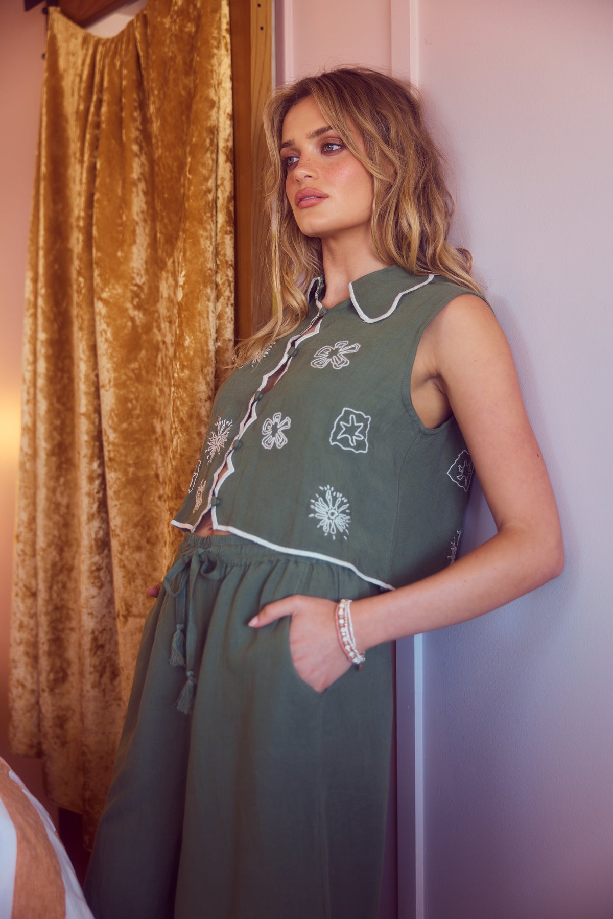 Talisman Sombra Top - Olive/Off White Embroidery