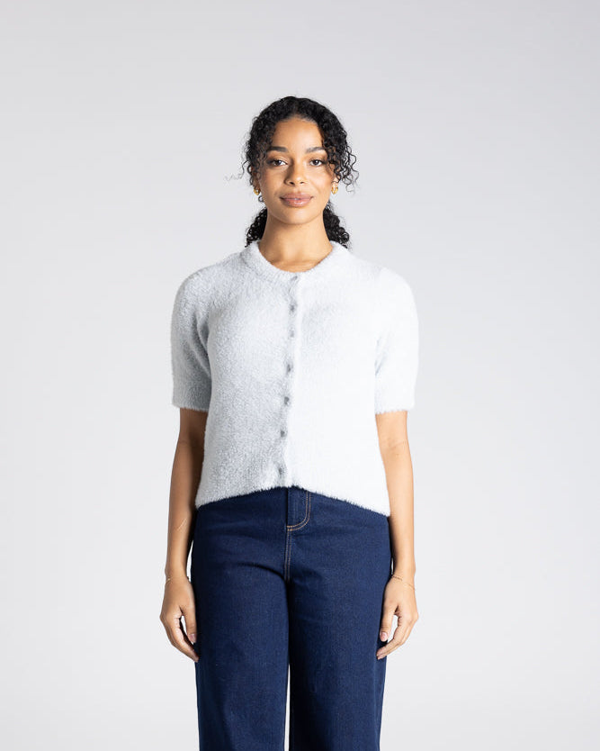 Two T's Fluffy Short Sleeve Knit Cardigan - Silver