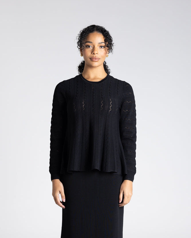 Two T's Milano Pointelle Peplum Top - Black