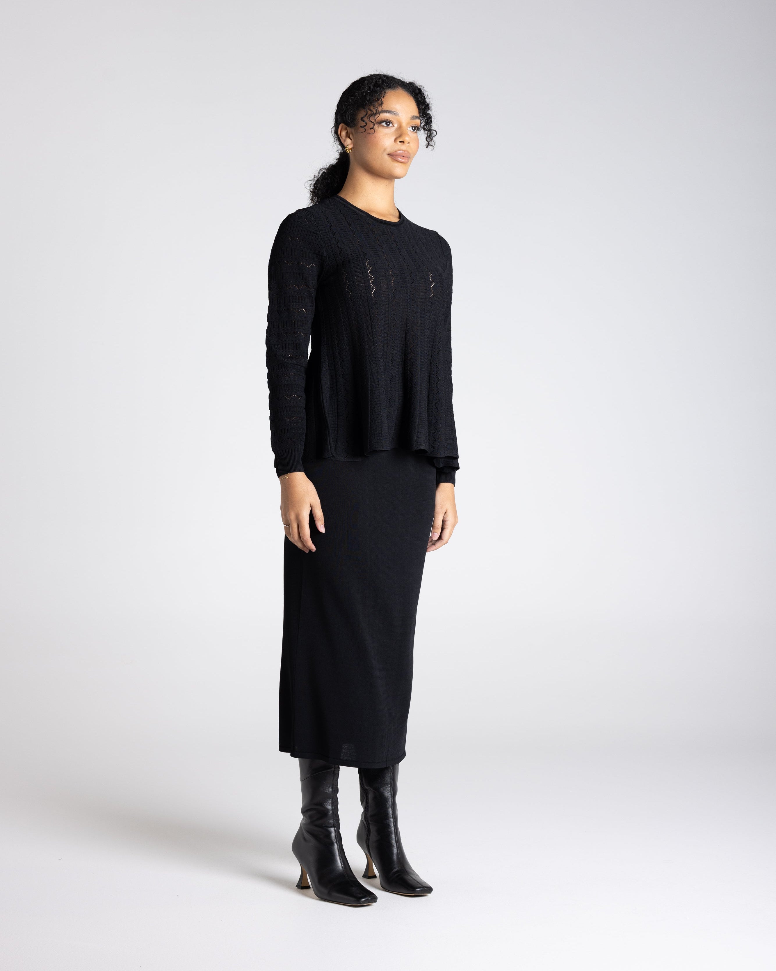 Two T's Milano Pointelle Peplum Top - Black
