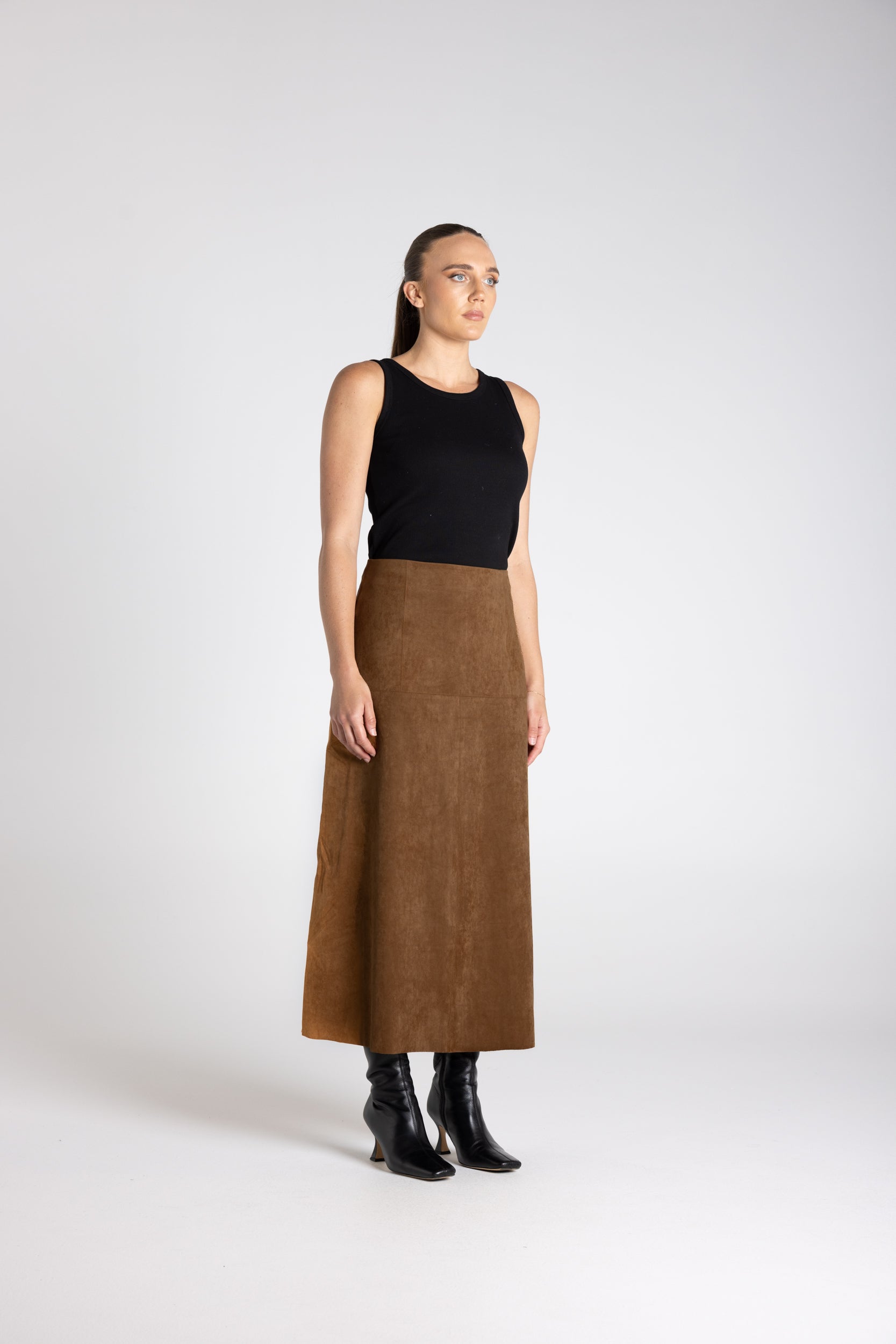 Two T's Faux Suede Midi Skirt - Toffee