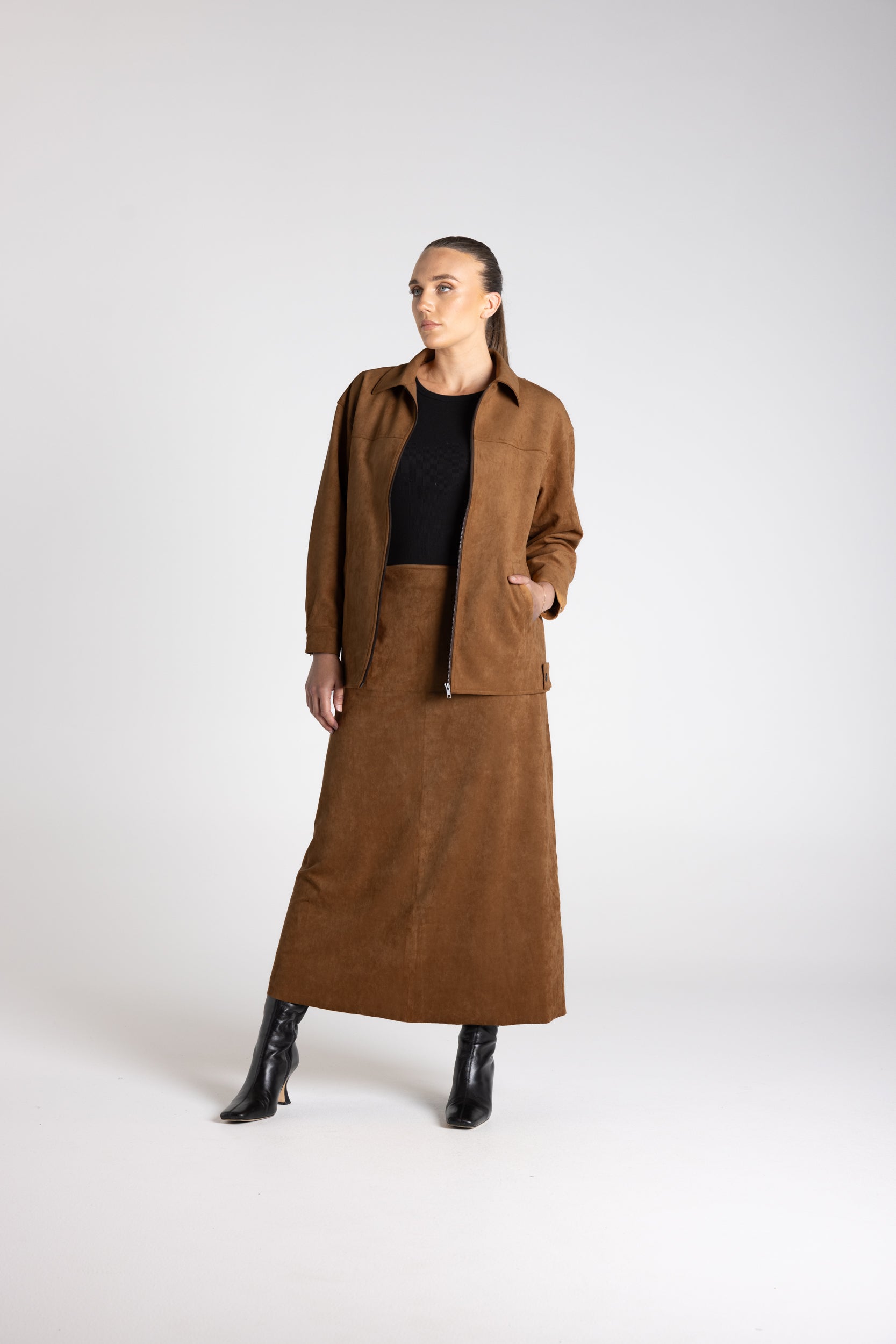Two T's Faux Suede Midi Skirt - Toffee