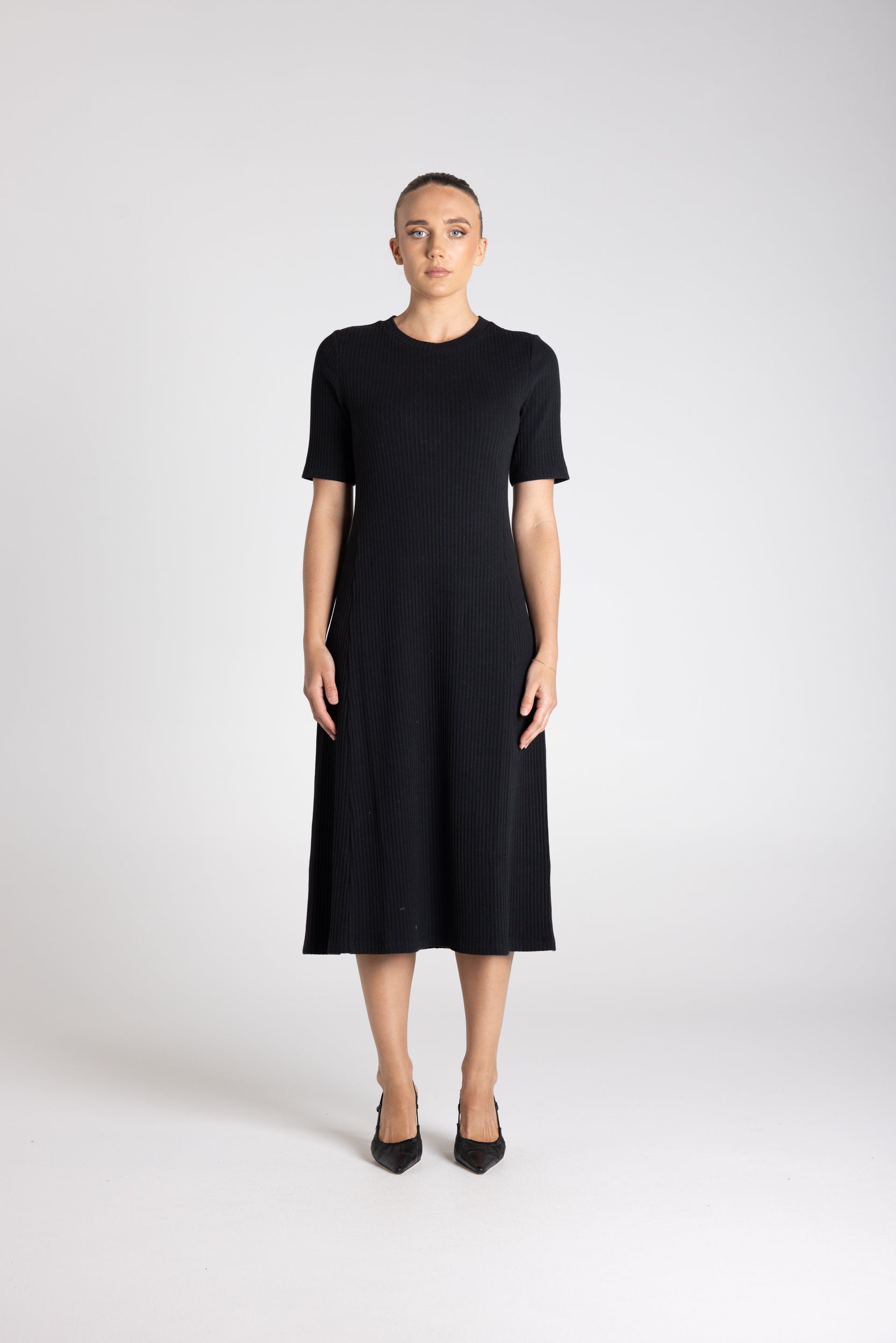 Two T's Rib Knit Midi Dress - Black