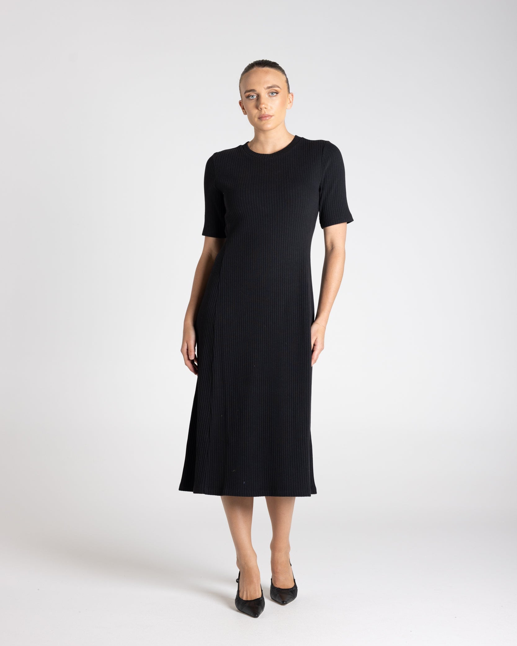 Two T's Rib Knit Midi Dress - Black