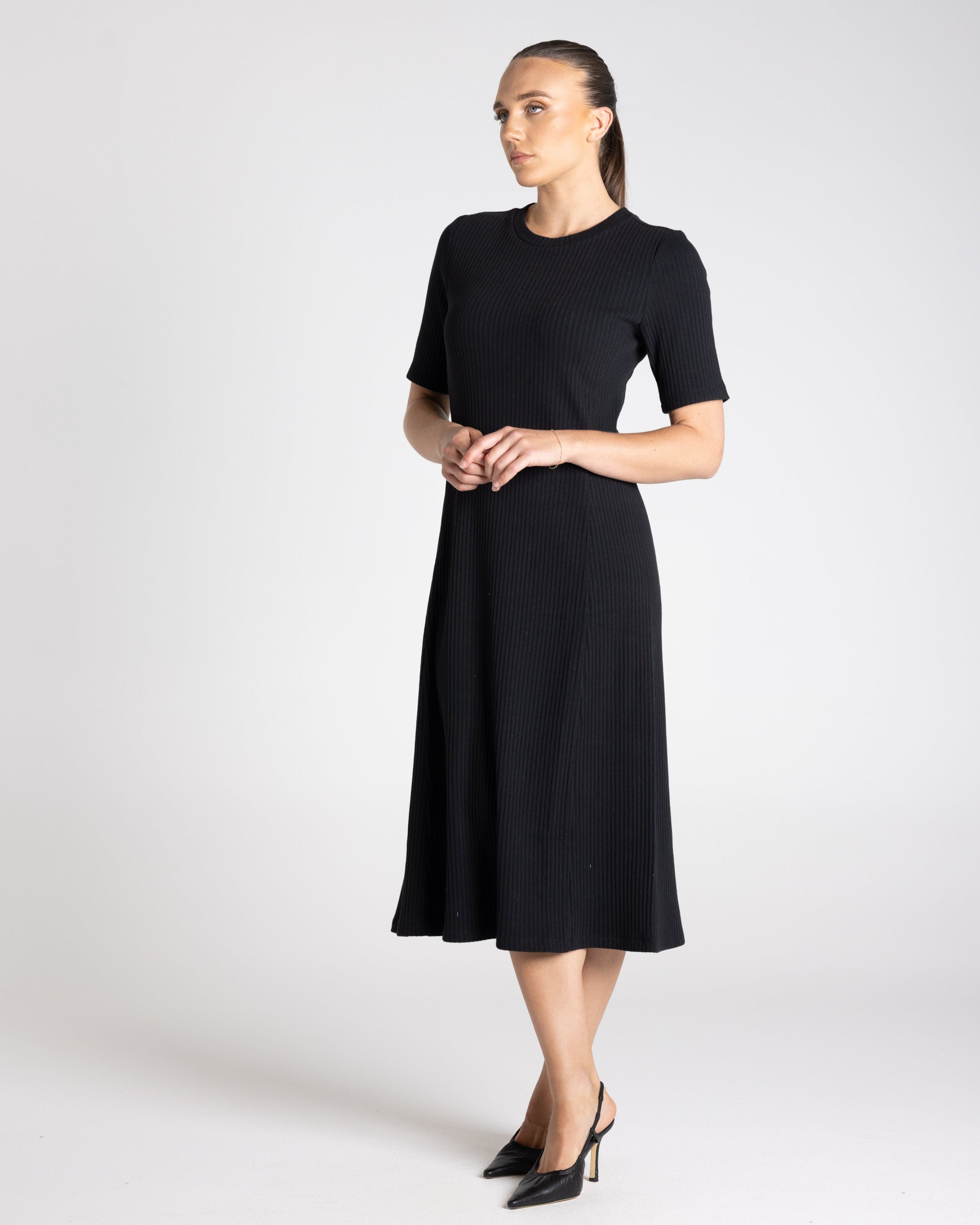 Two T's Rib Knit Midi Dress - Black