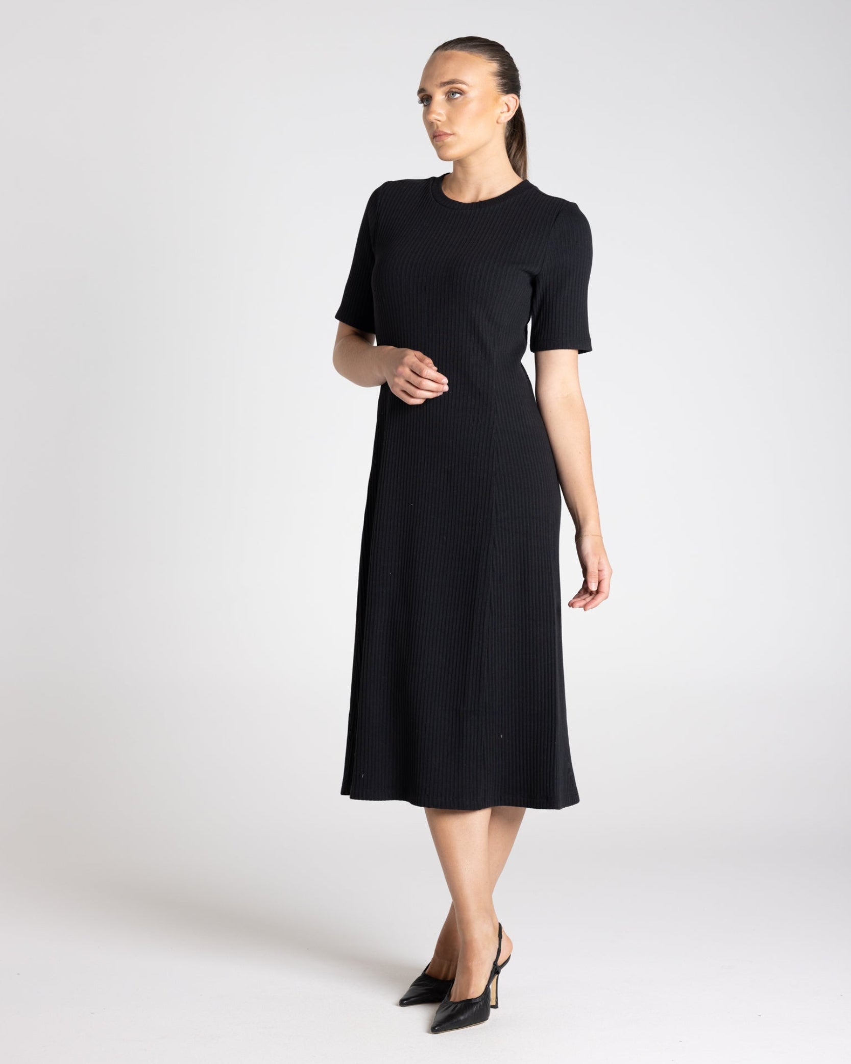 Two T's Rib Knit Midi Dress - Black