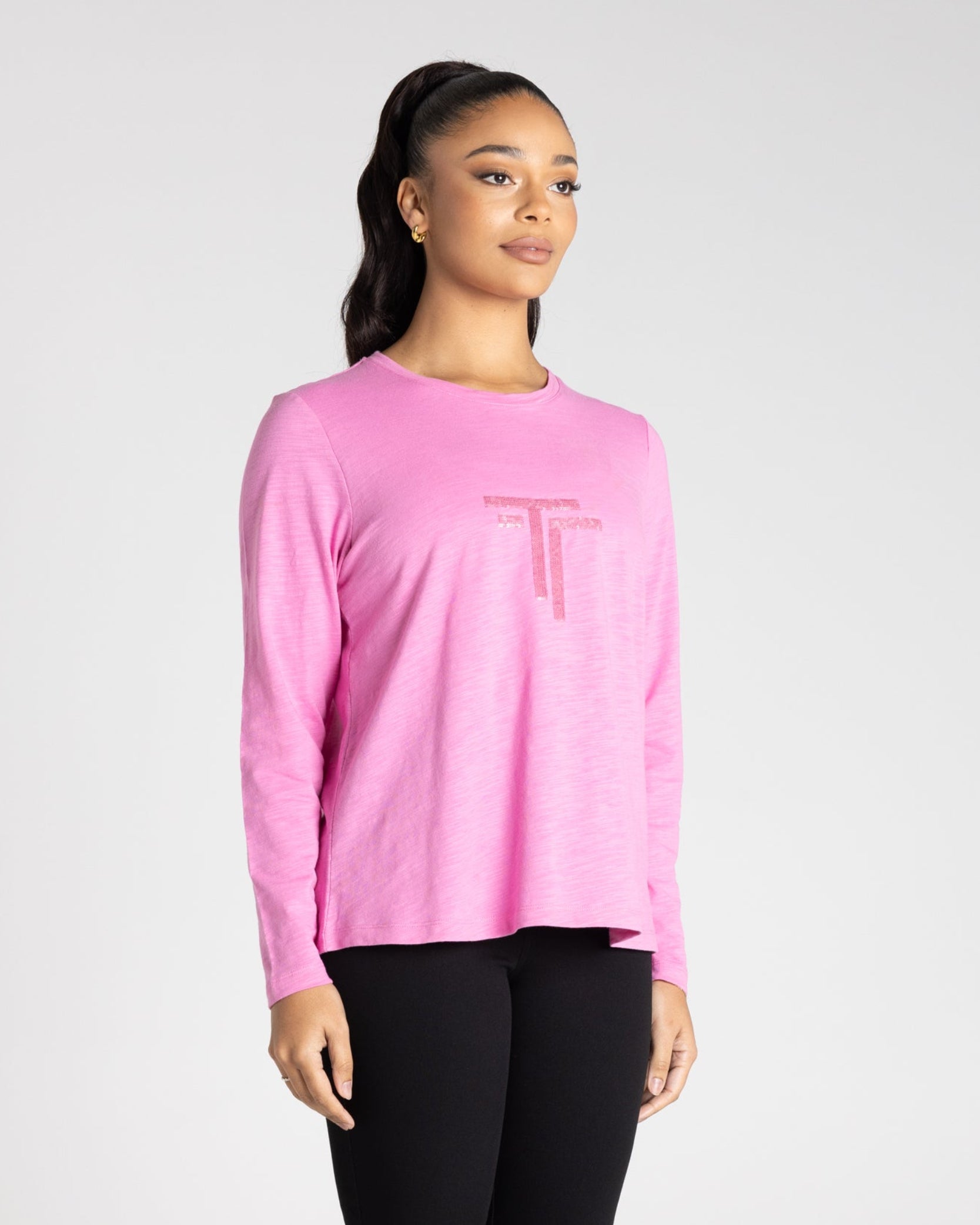 Two T's Long Sleeve Crew Logo Sequins - Ultra Pink