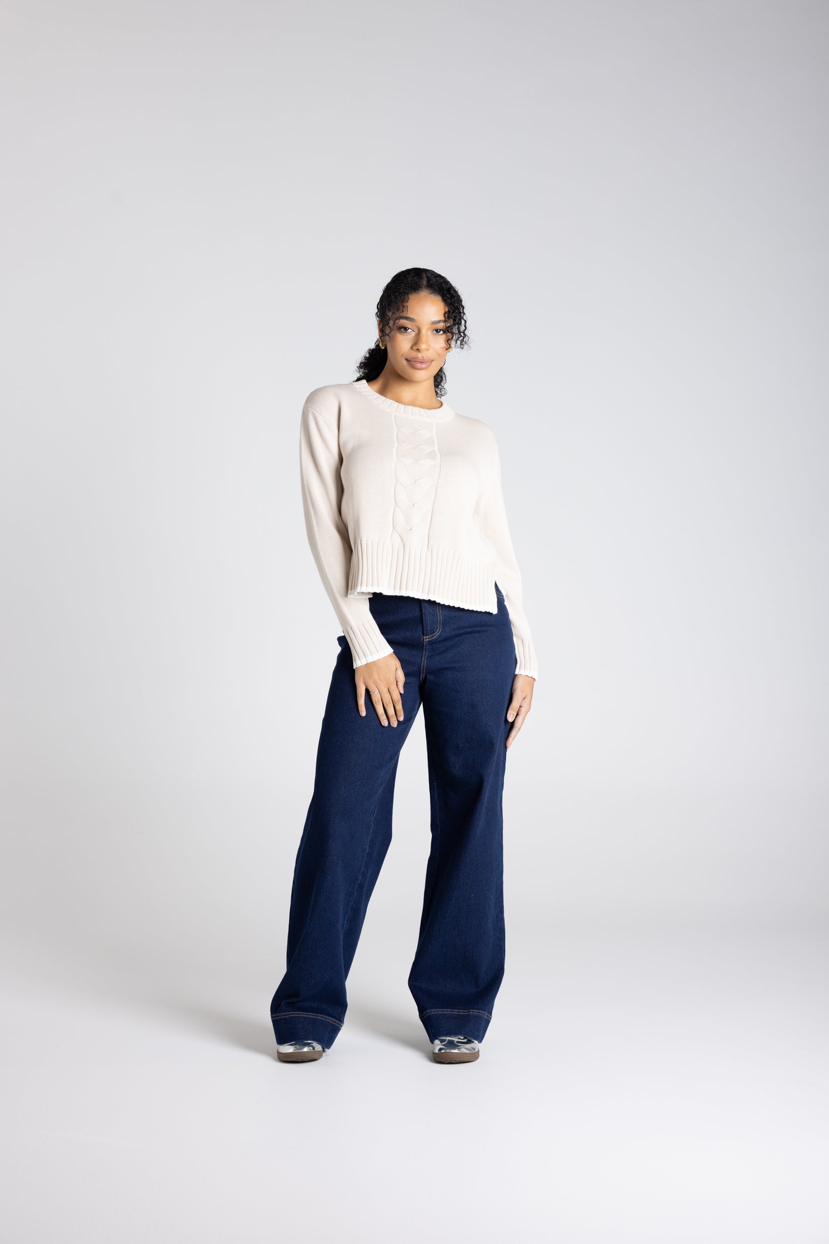 Two T's Cable Knit Trim Edged Jumper - Oat/White Trim