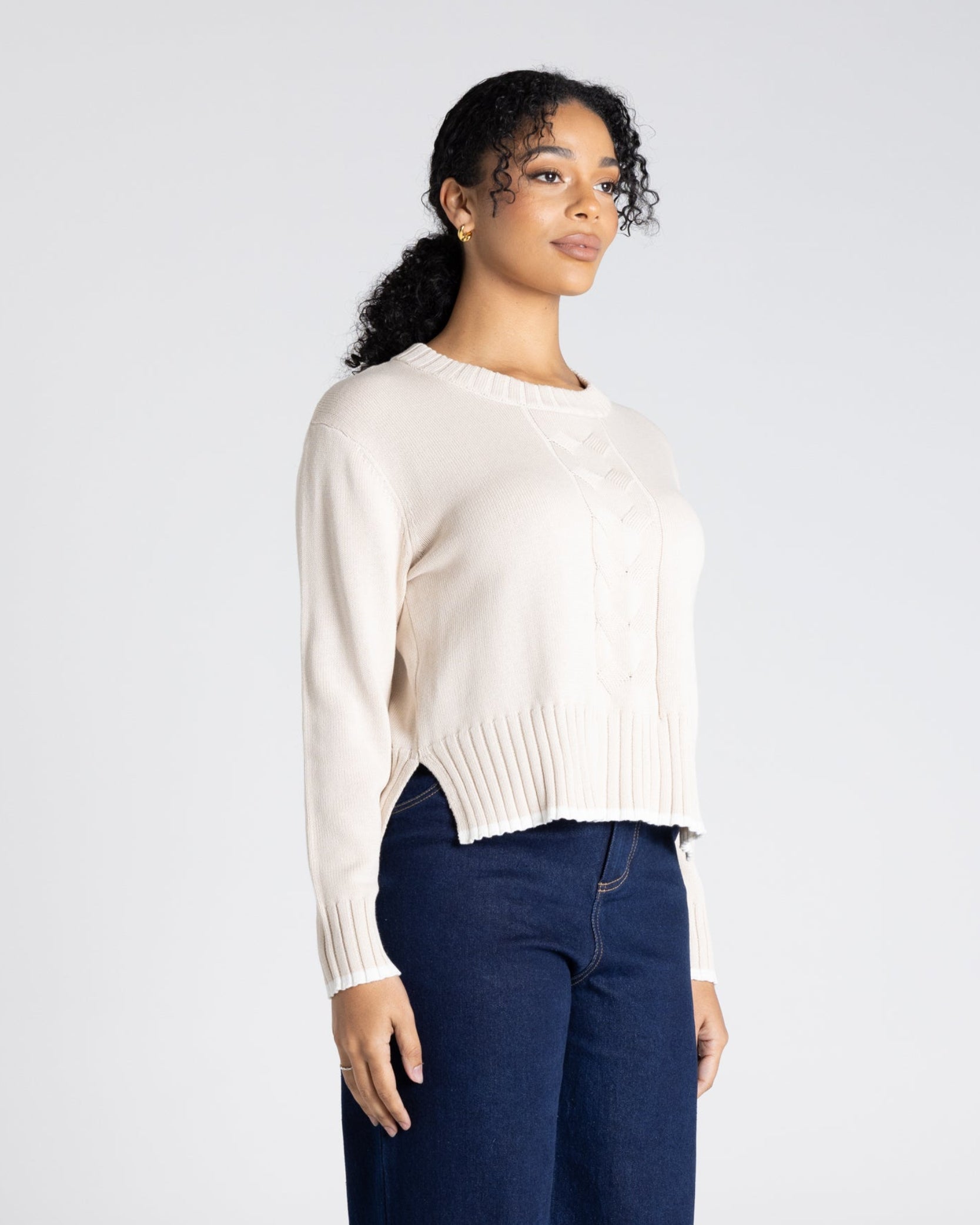 Two T's Cable Knit Trim Edged Jumper - Oat/White Trim