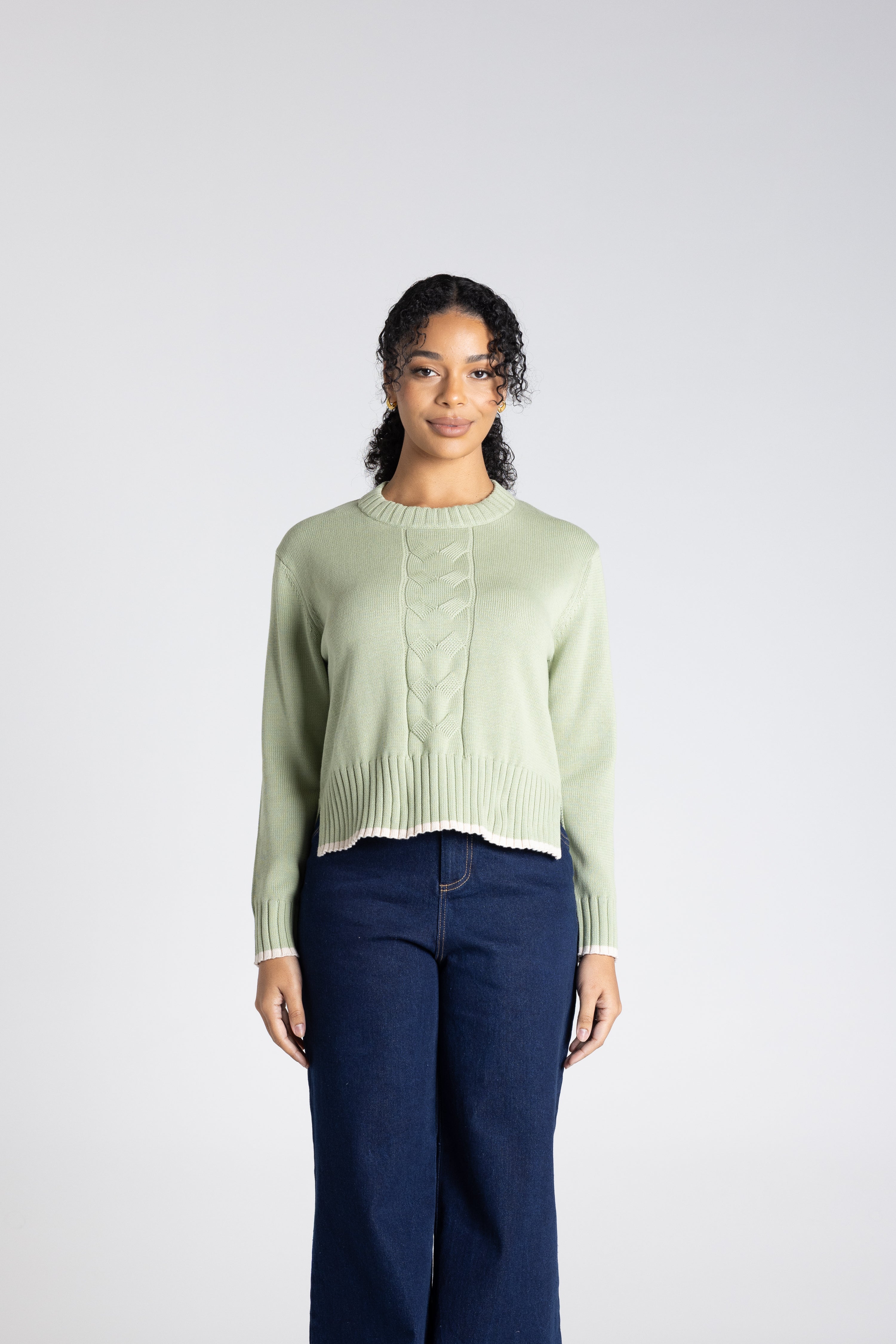 Two T's Two T's Cable Knit Trim Edged Jumper - Pistachio/Oat Trim