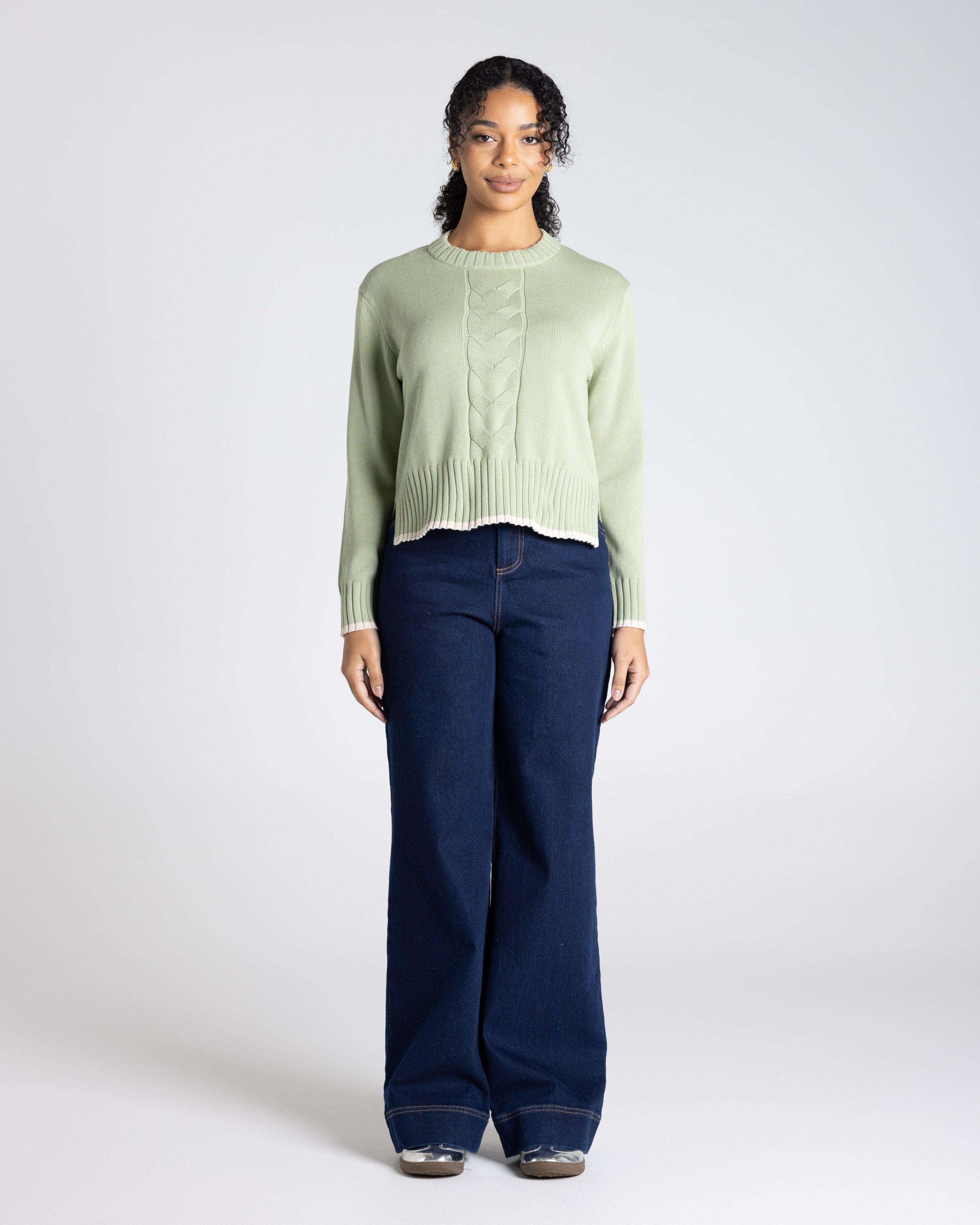 Two T's Two T's Cable Knit Trim Edged Jumper - Pistachio/Oat Trim