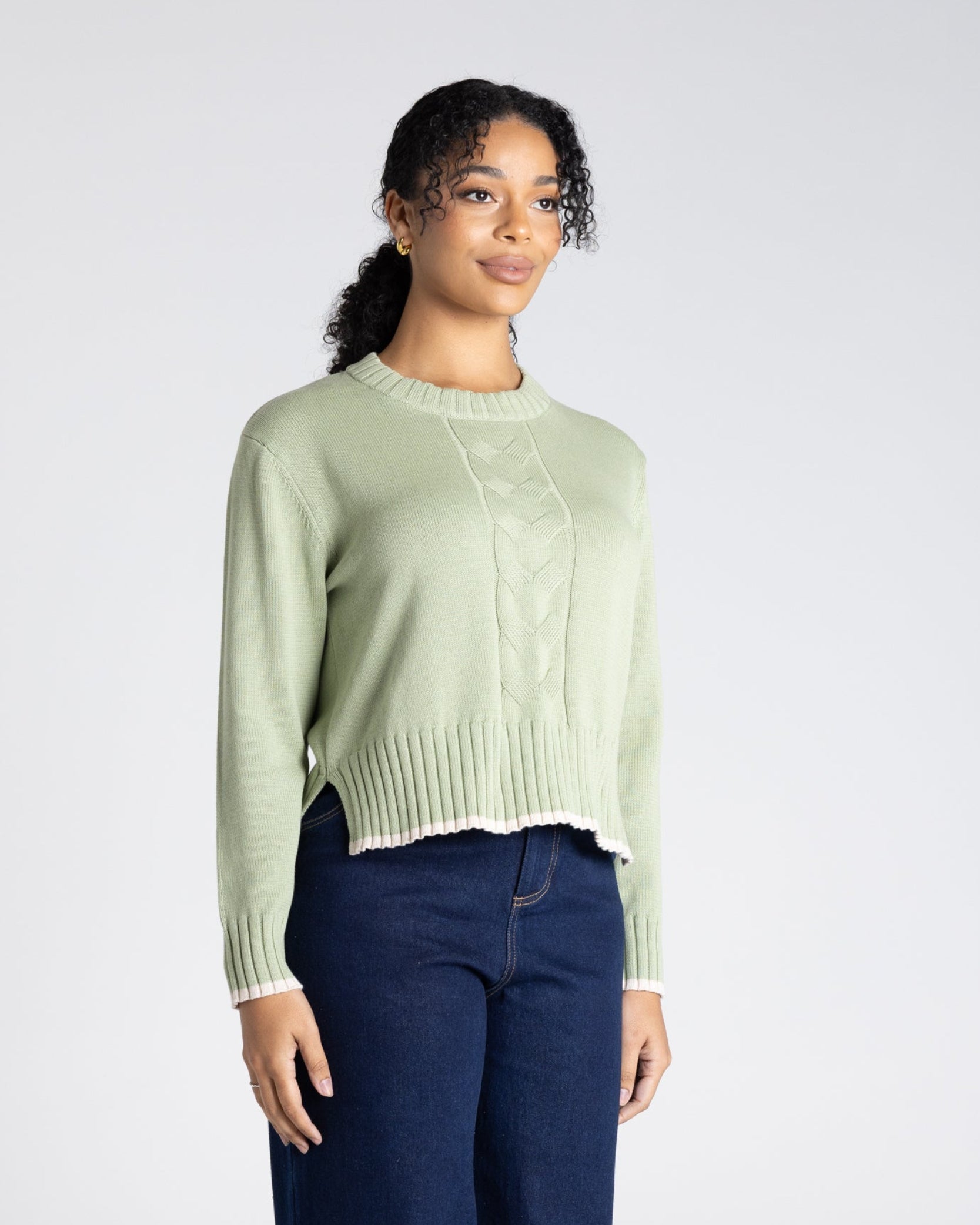 Two T's Two T's Cable Knit Trim Edged Jumper - Pistachio/Oat Trim