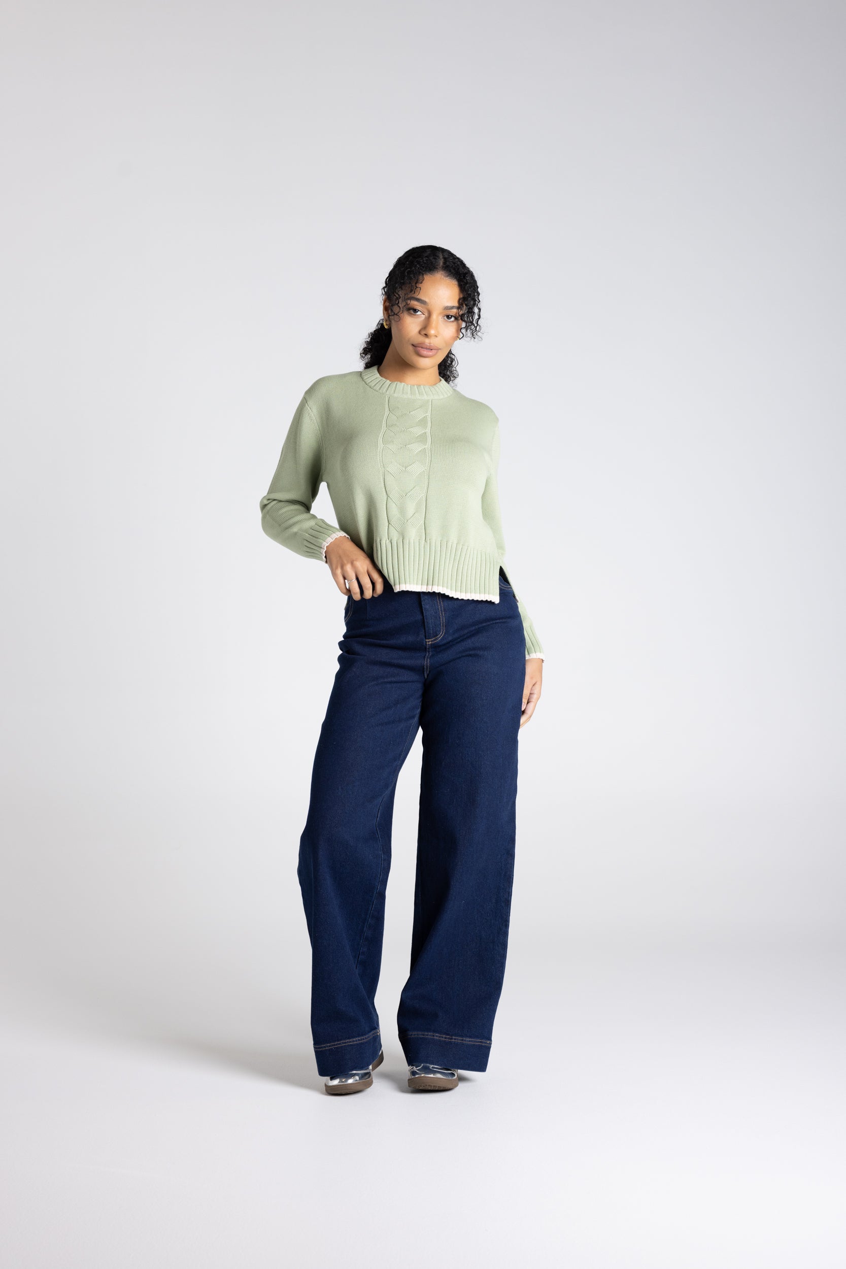 Two T's Two T's Cable Knit Trim Edged Jumper - Pistachio/Oat Trim