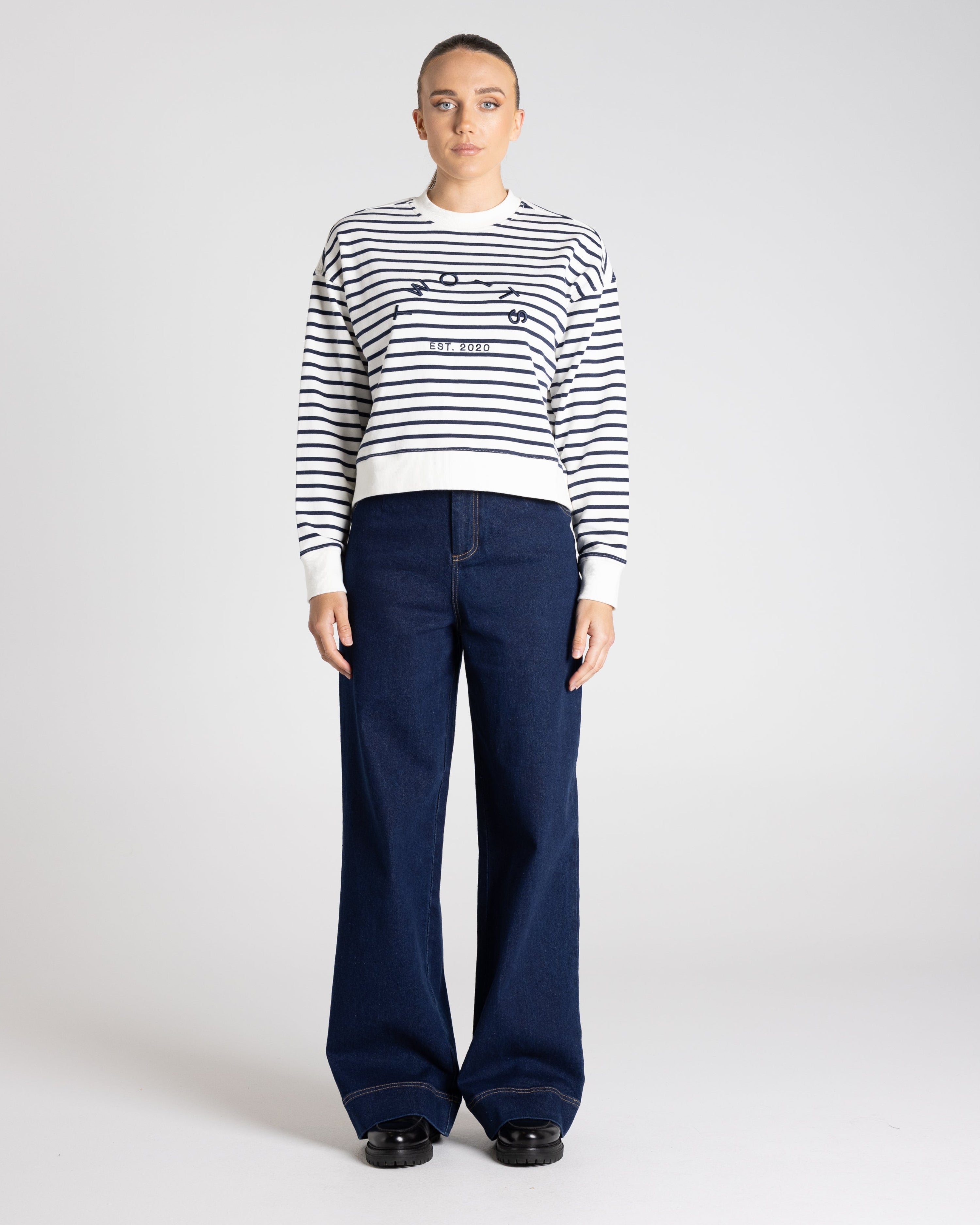 Two T's Stripe Embroidered Logo Sweater - Ink/White