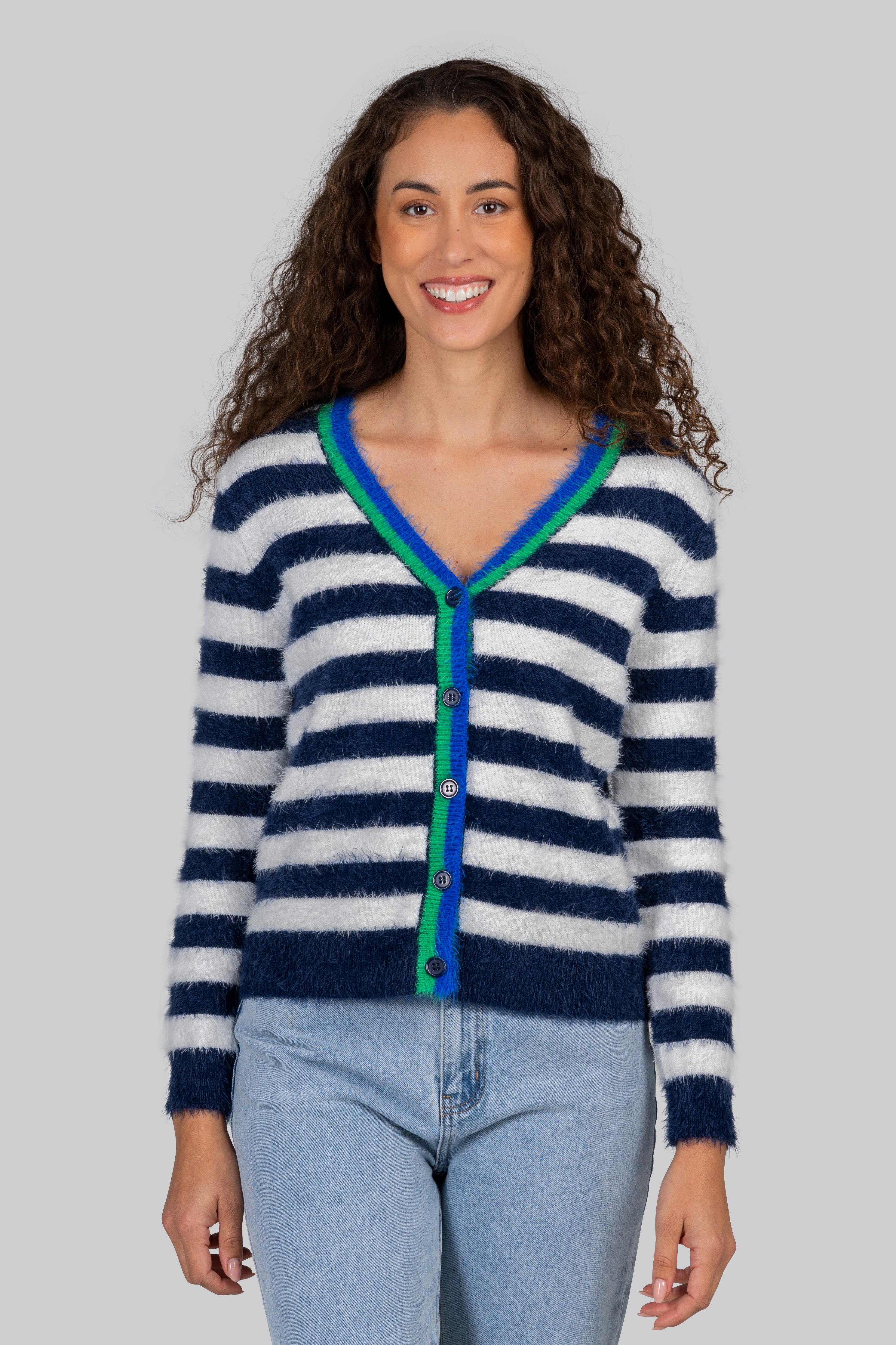 Kaleido Stripe V-Neck Cardigan - Navy/White Stripe