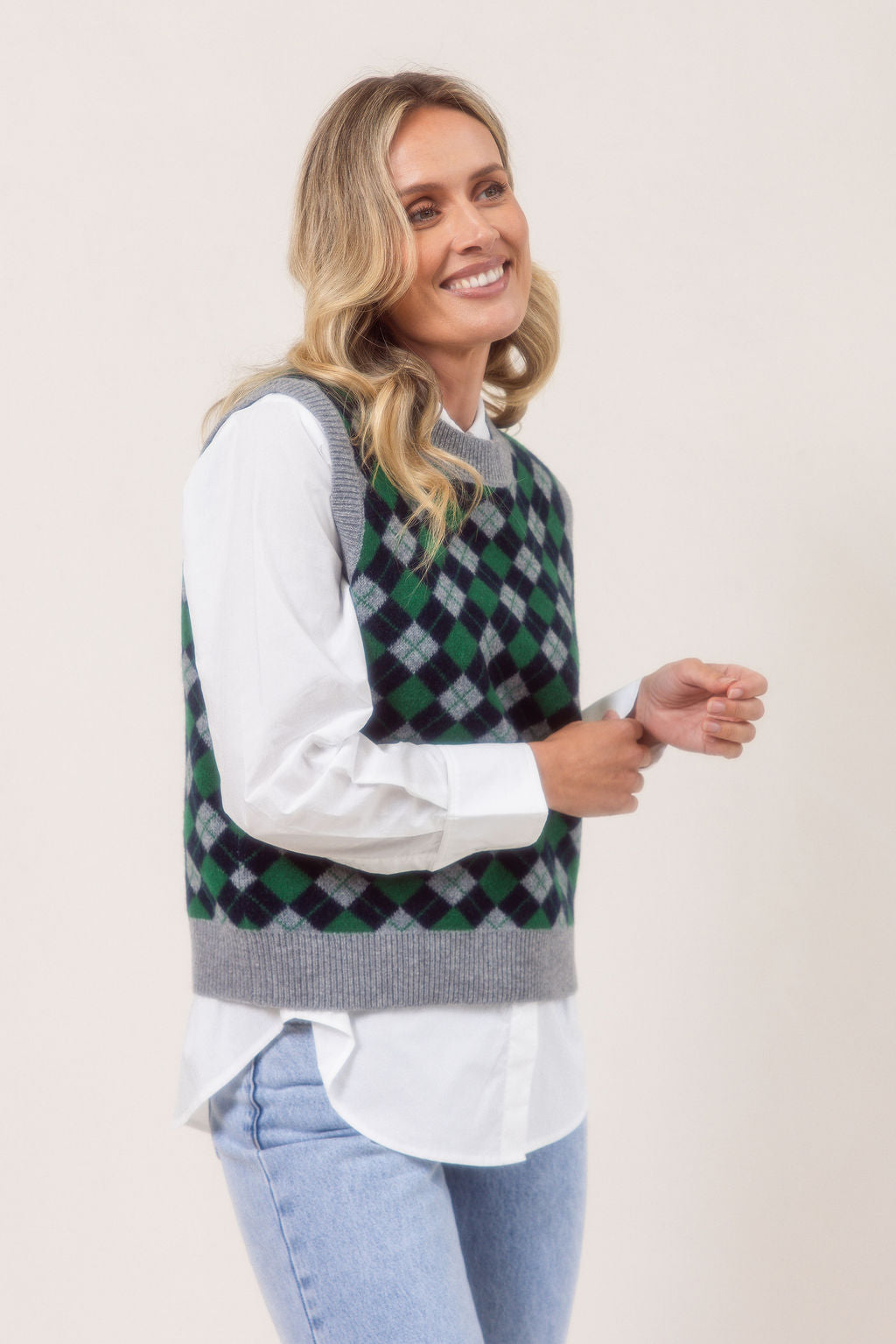 See Saw Argyle Vest - Silver/Navy/Green