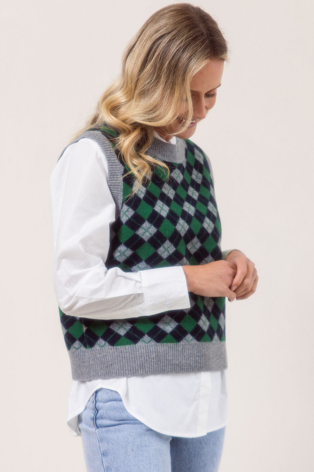 See Saw Argyle Vest - Silver/Navy/Green