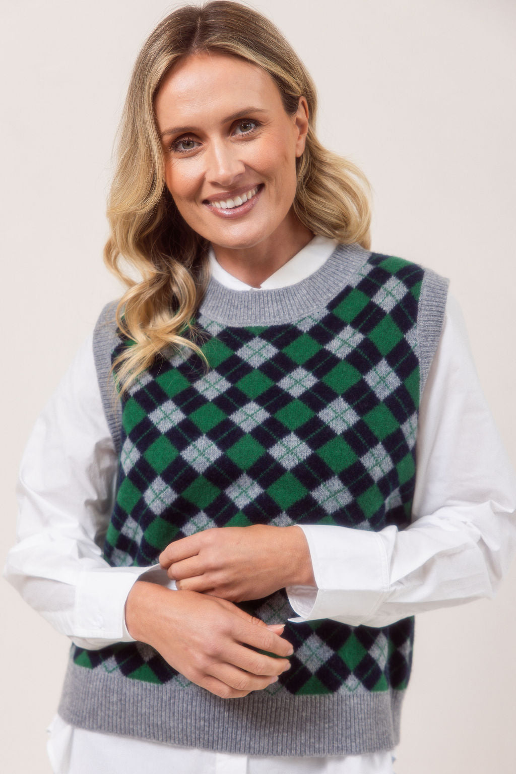 See Saw Argyle Vest - Silver/Navy/Green