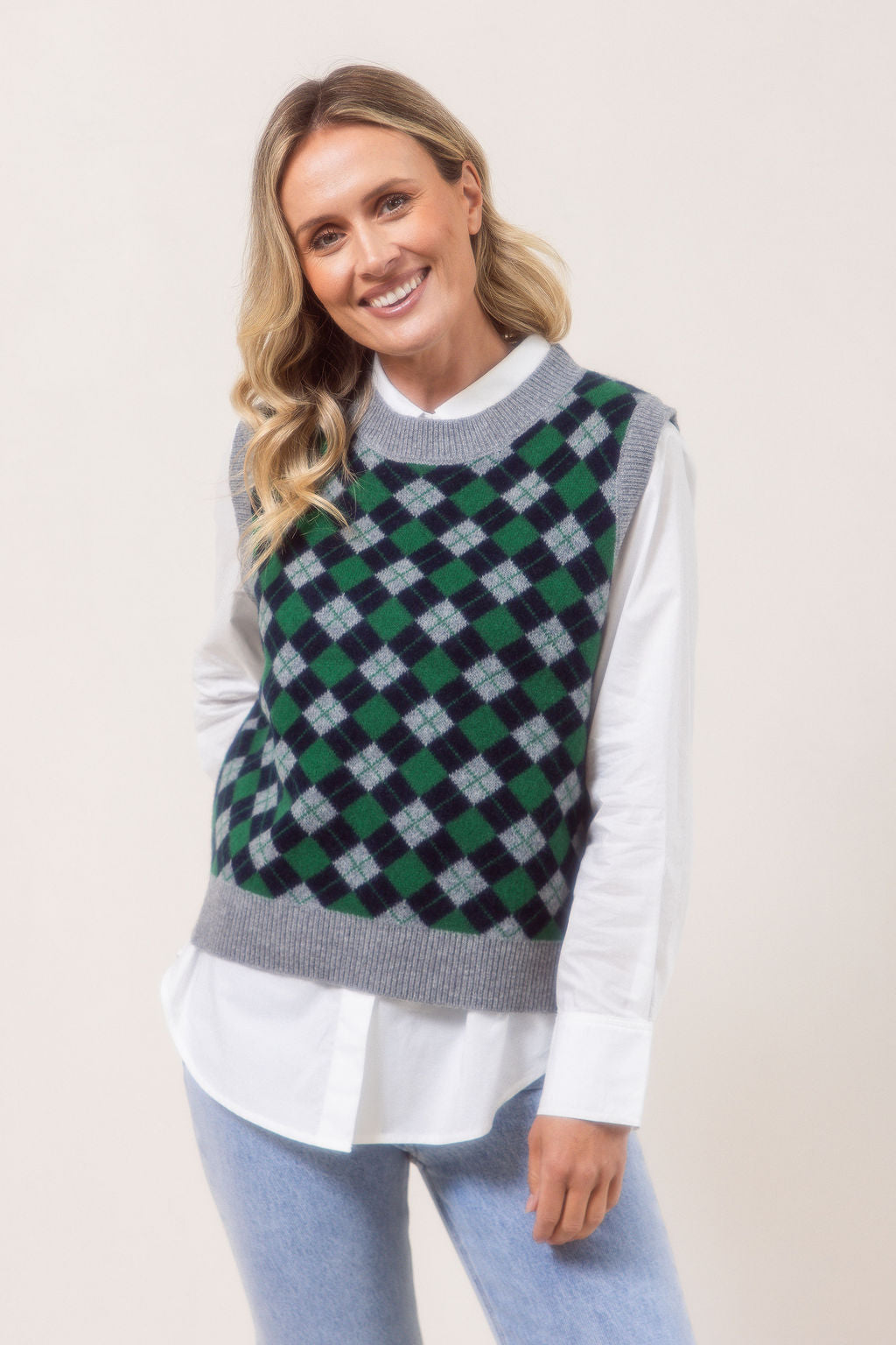 See Saw Argyle Vest - Silver/Navy/Green