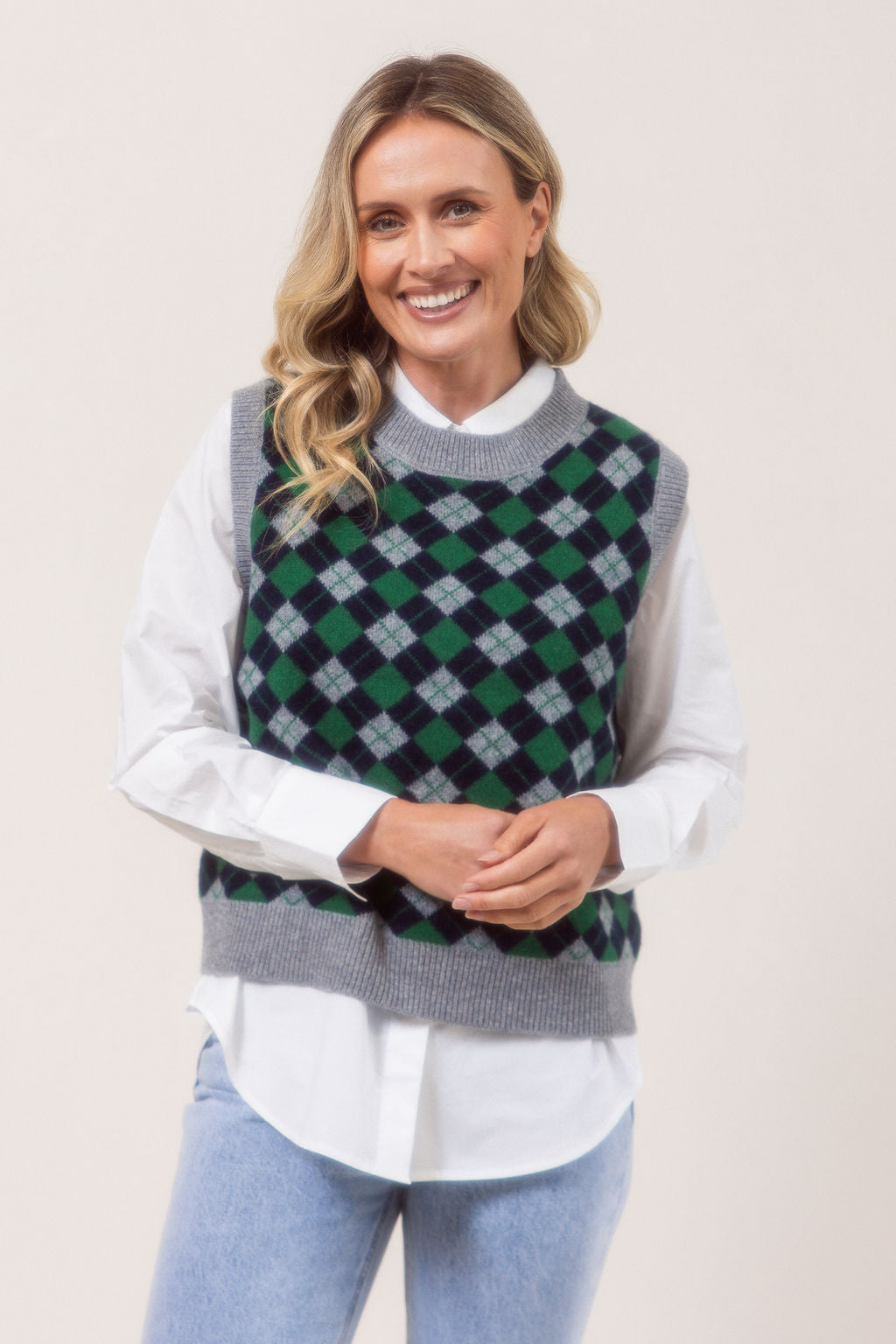 See Saw Argyle Vest - Silver/Navy/Green