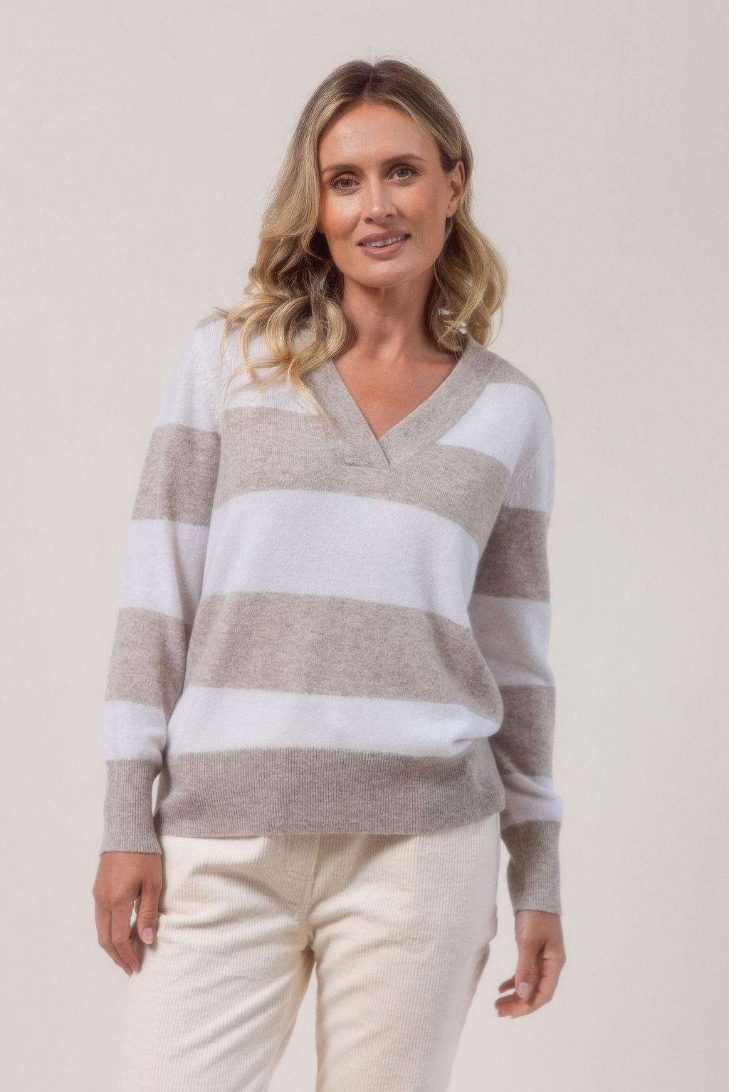 See Saw V-Neck Block Stripe Sweater - Wheat/White