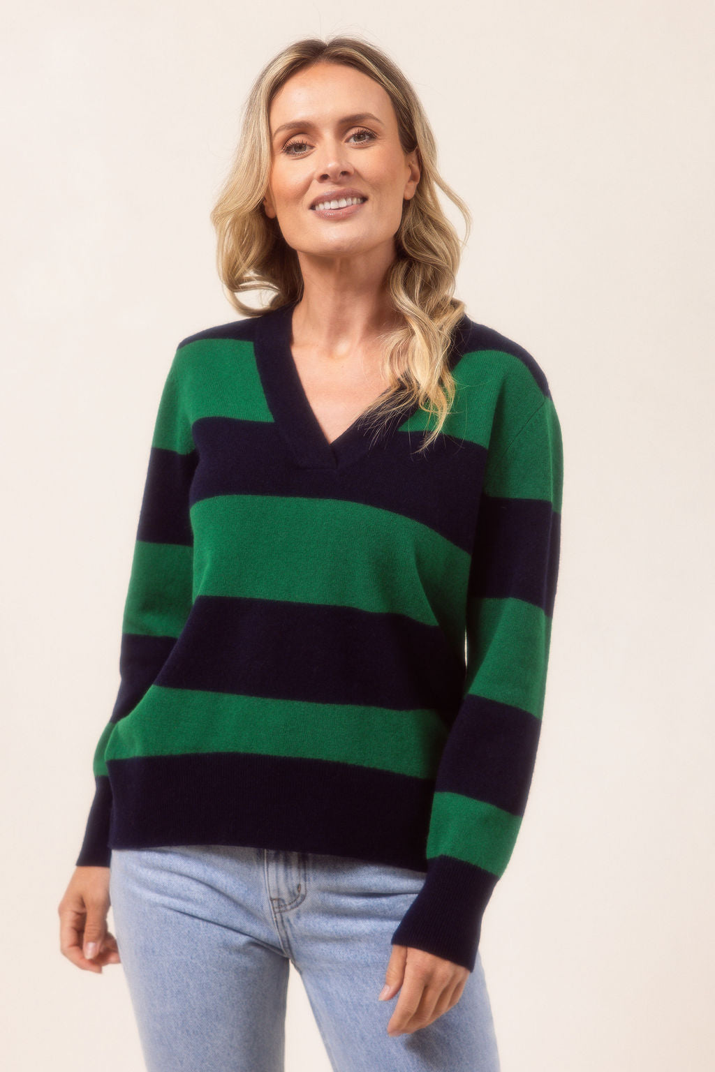 See Saw V Neck Block Stripe Sweater - Navy/Green