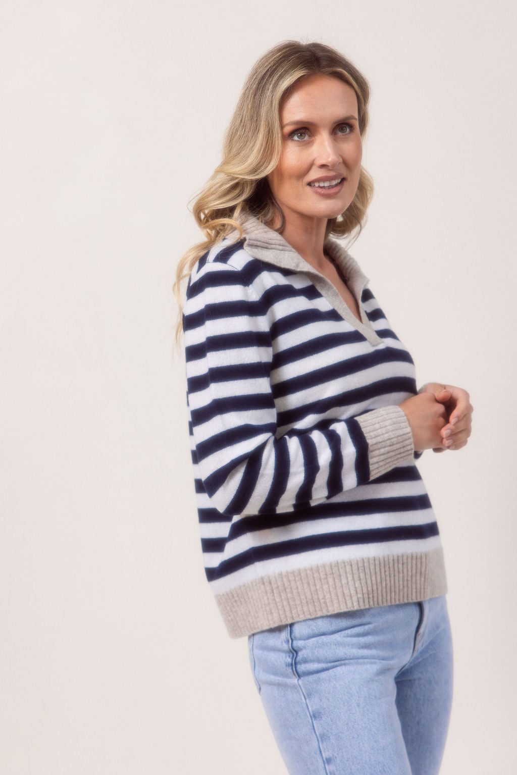 See Saw Rib Collared Stripe Sweater - Navy/White