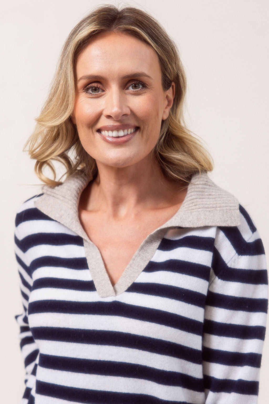 See Saw Rib Collared Stripe Sweater - Navy/White